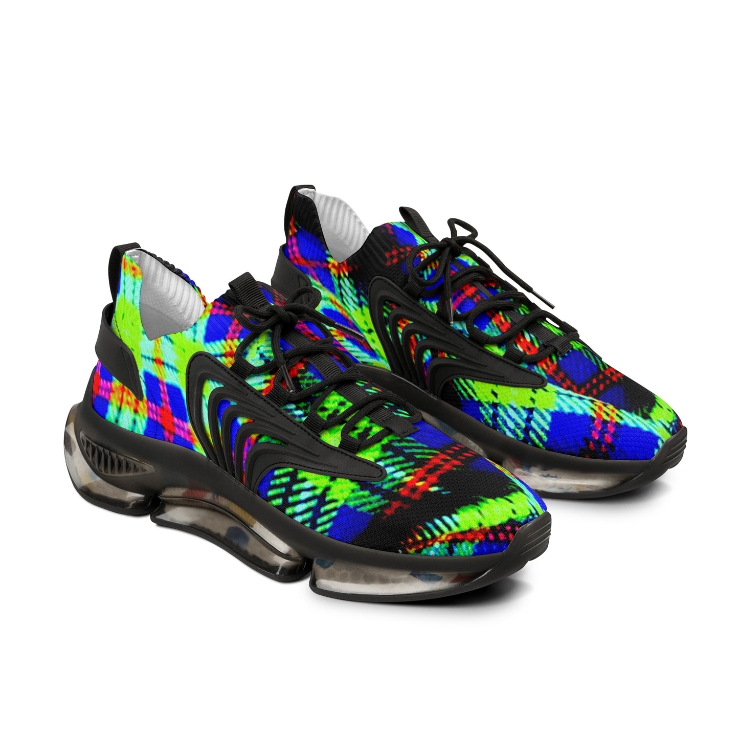 Men's Mesh Sneakers with Graphic Green Blue Tartan Print and Customisable Black Or White EVA Sole