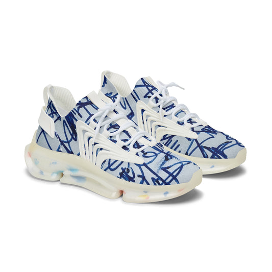 Women's Mesh Sneakers with Artistic Handwritten Pen Doodle Graffiti Pattern Print in Blue White and Customisable Black Or White EVA Sole