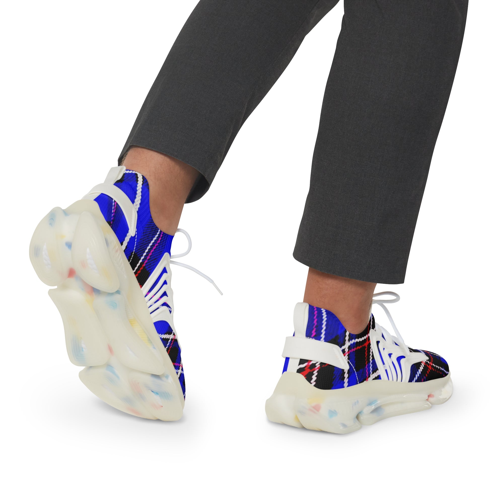 Men's Mesh Sneakers with Graphic Blue Tartan Print and Customisable Black Or White EVA Sole