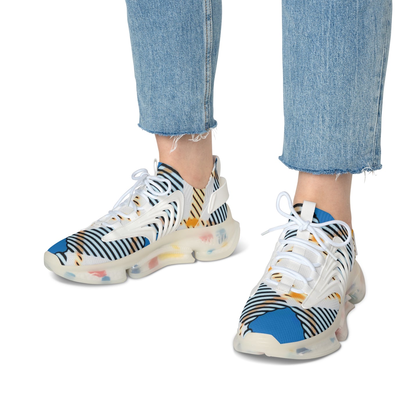 Women's Mesh Sneakers with Bold Graphic Plaid Print in Blue Orange