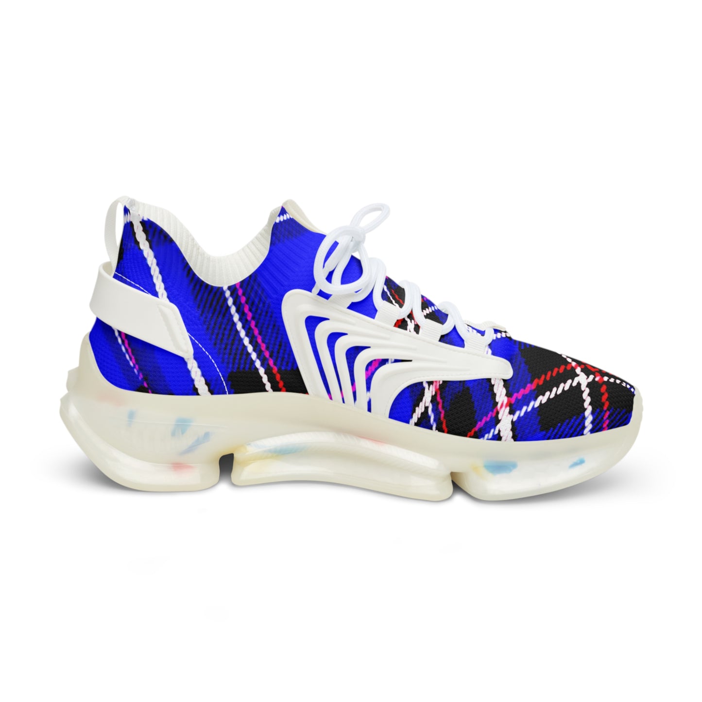 Men's Mesh Sneakers with Graphic Blue Tartan Print and Customisable Black Or White EVA Sole