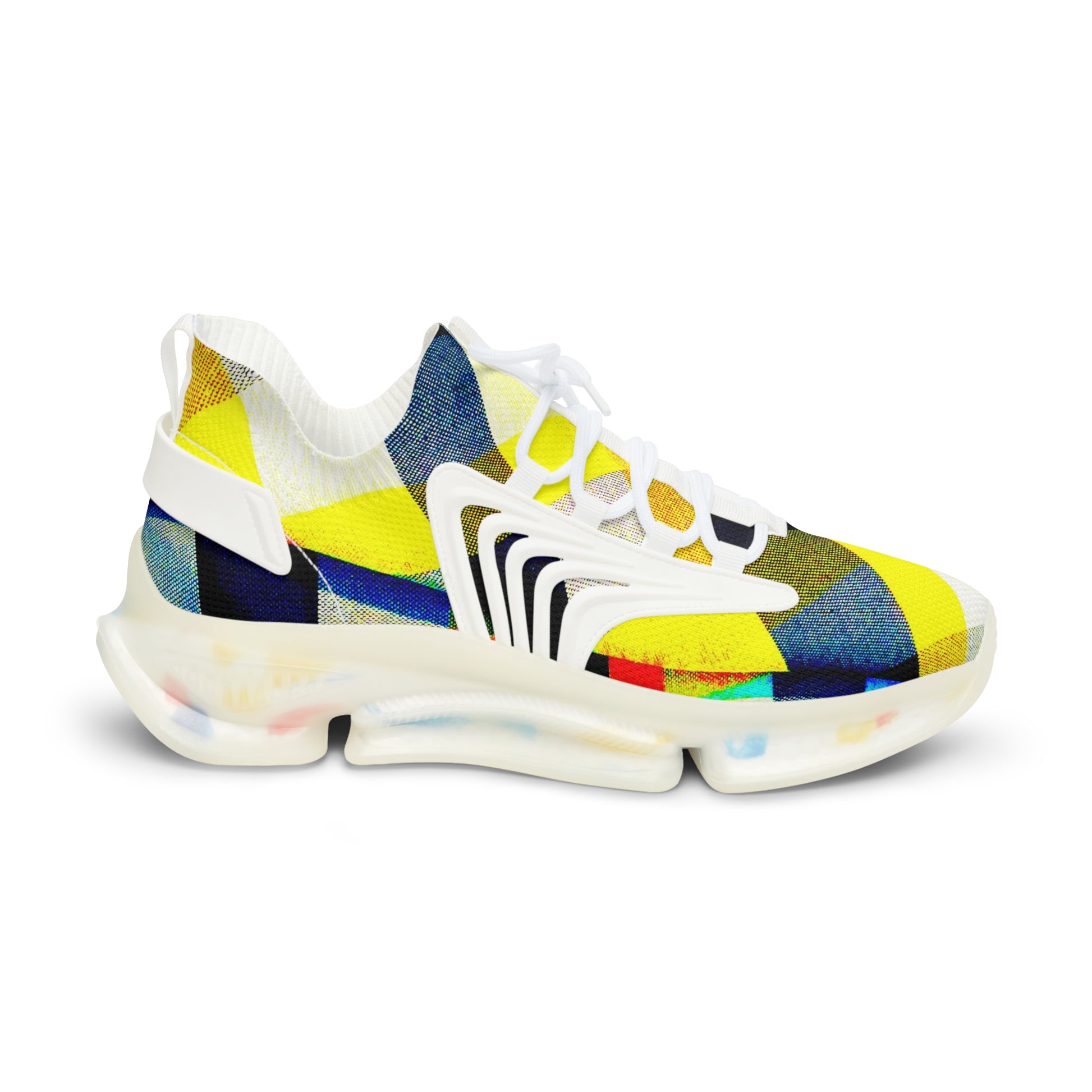 Men's Mesh Sneakers with Graphic Yellow Tartan Print and Customisable Black Or White EVA Sole