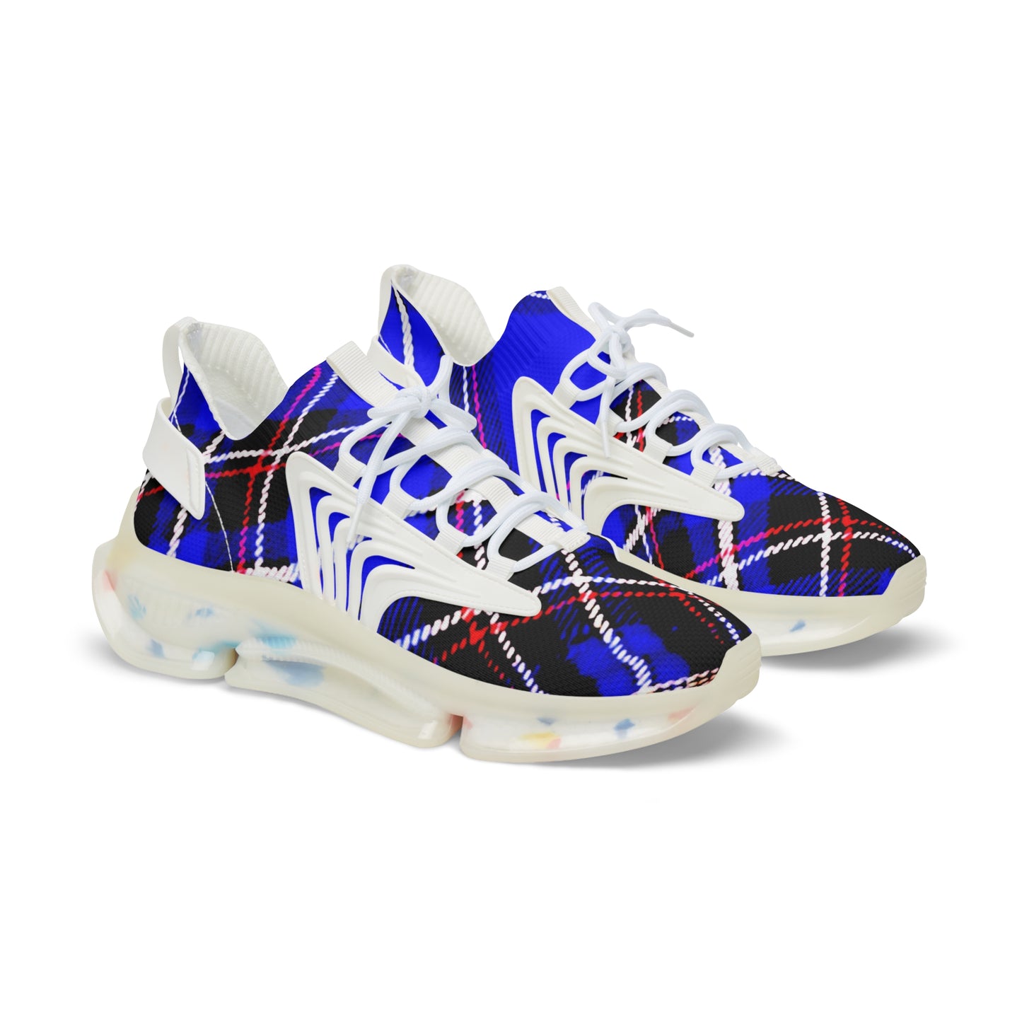 Men's Mesh Sneakers with Graphic Blue Tartan Print and Customisable Black Or White EVA Sole