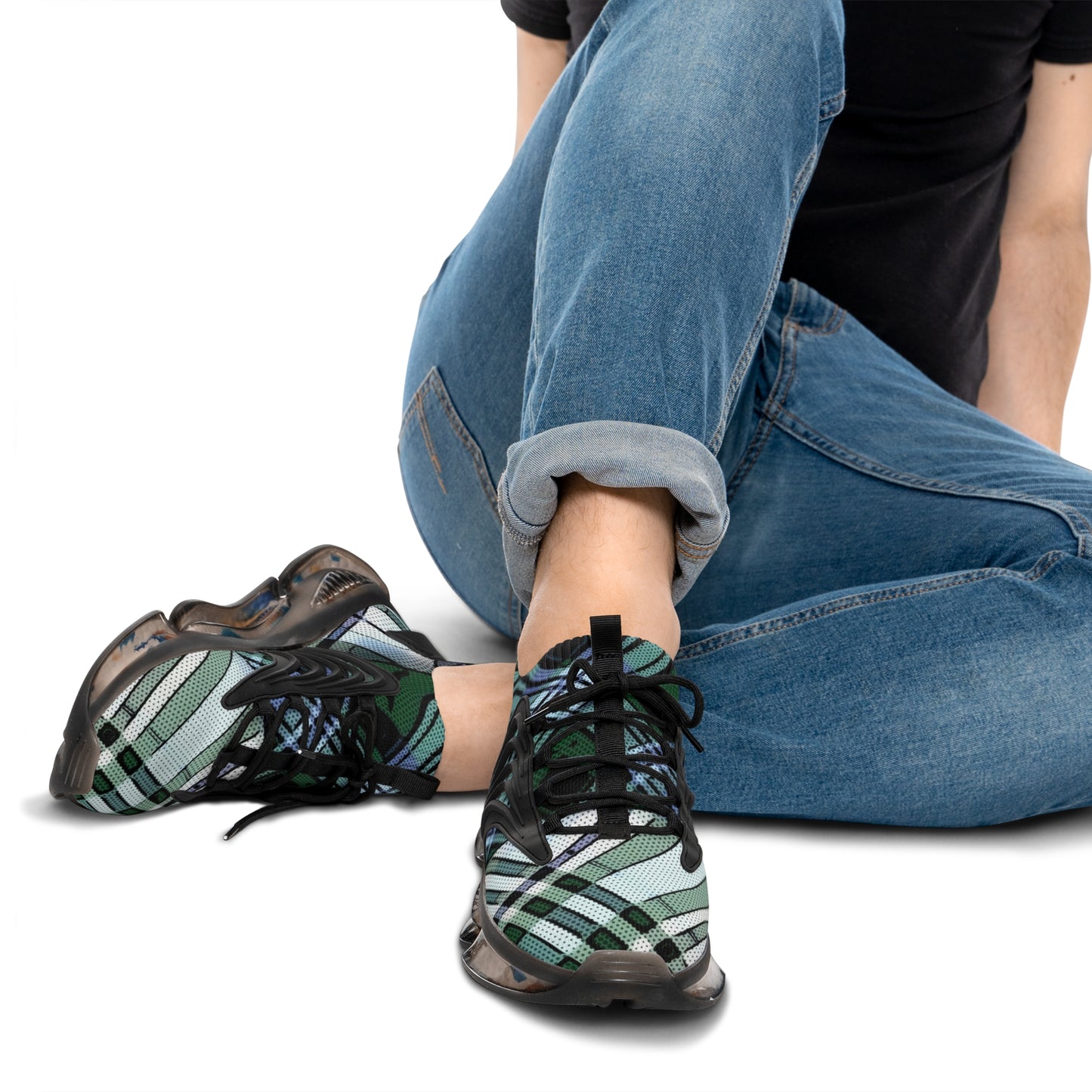 Men's Mesh Sneakers with Plaid Tartan Pattern in Green Print and Customisable Black Or White EVA Sole