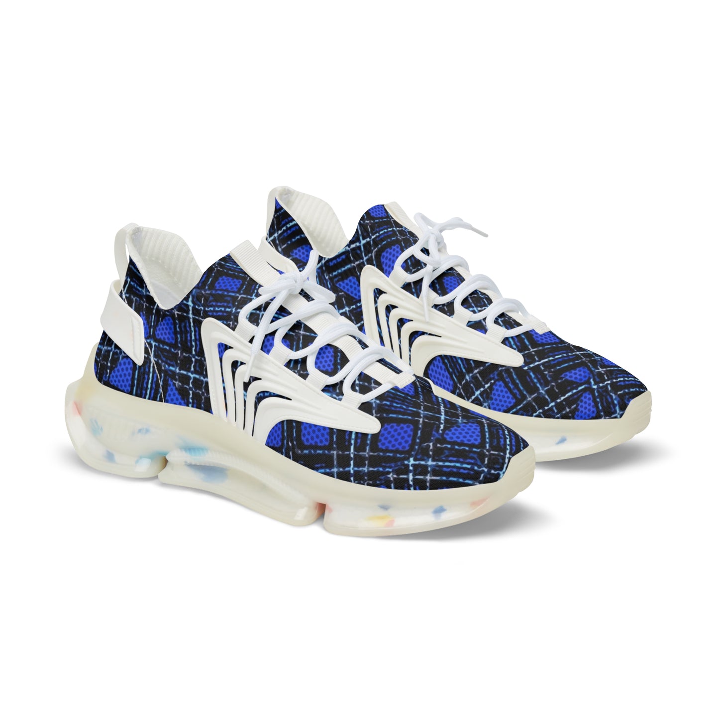 Men's Mesh Sneakers with Plaid Tartan Pattern in Blue Print and Customisable Black Or White EVA Sole