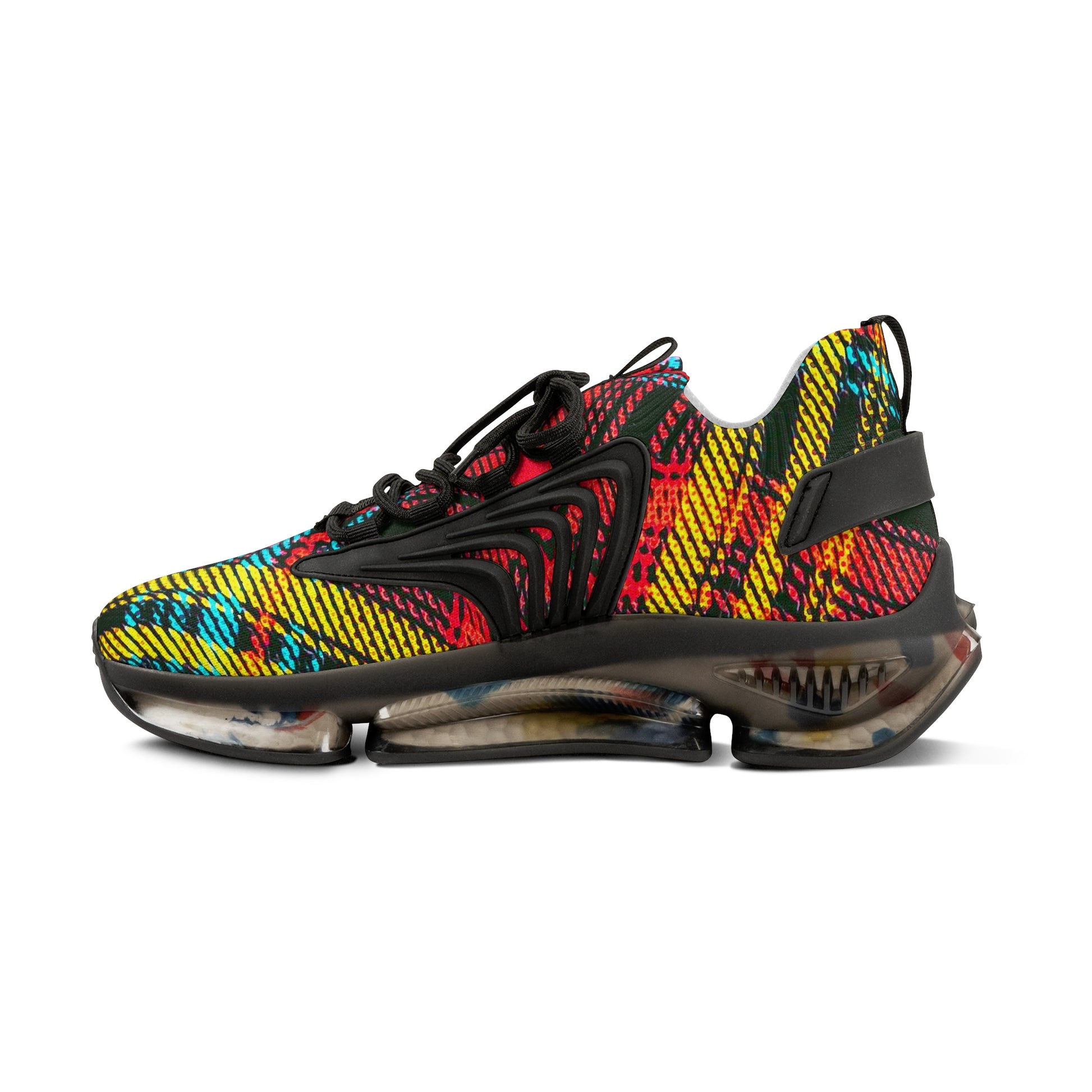 Men's Mesh Sneakers with Graphic Plaid Print in Black Red Yellow and Customisable Black Or White EVA Sole