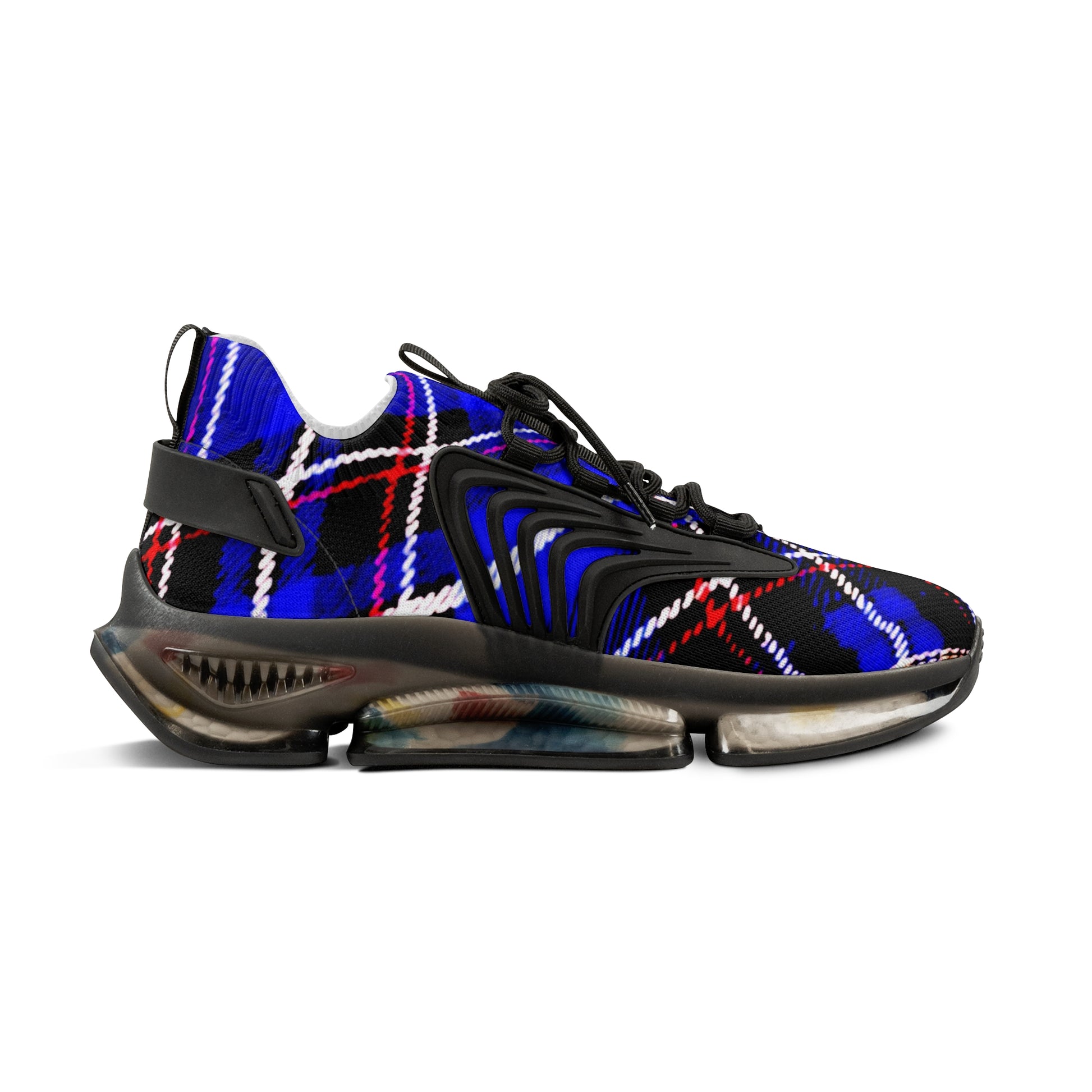 Men's Mesh Sneakers with Graphic Blue Tartan Print and Customisable Black Or White EVA Sole