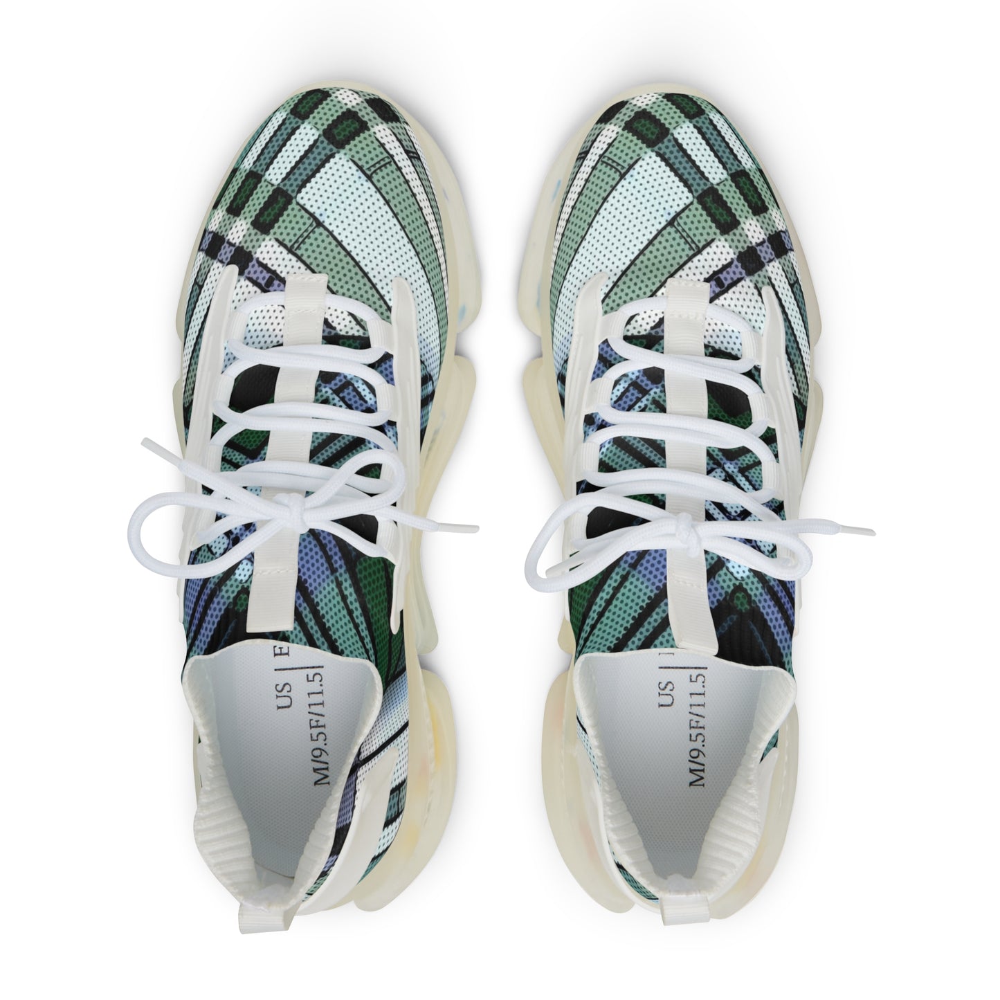 Men's Mesh Sneakers with Plaid Tartan Pattern in Green Print and Customisable Black Or White EVA Sole