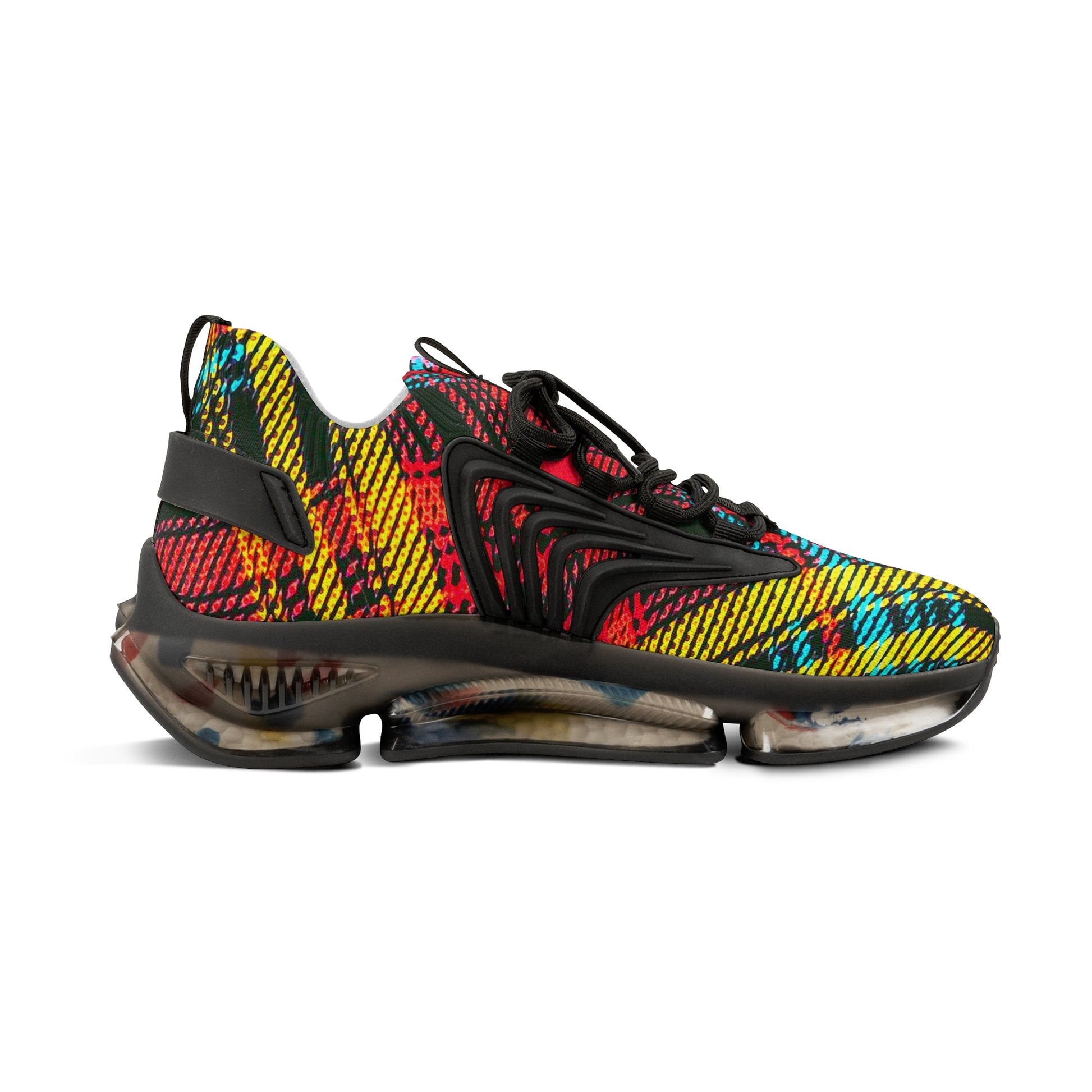 Men's Mesh Sneakers with Graphic Plaid Print in Black Red Yellow and Customisable Black Or White EVA Sole