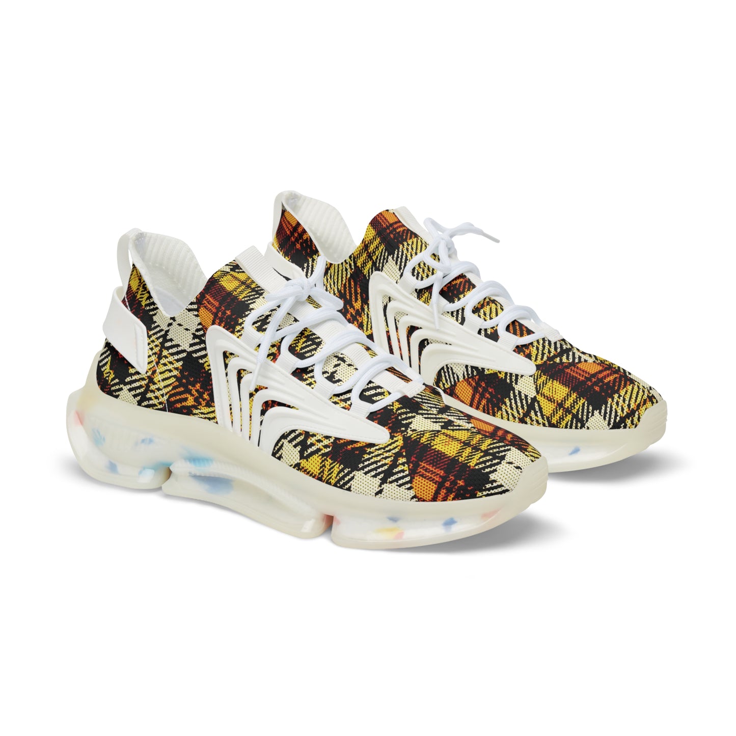 Men's Mesh Sneakers with Plaid Tartan Pattern Print in Orange Brown and Customisable Black Or White EVA Sole