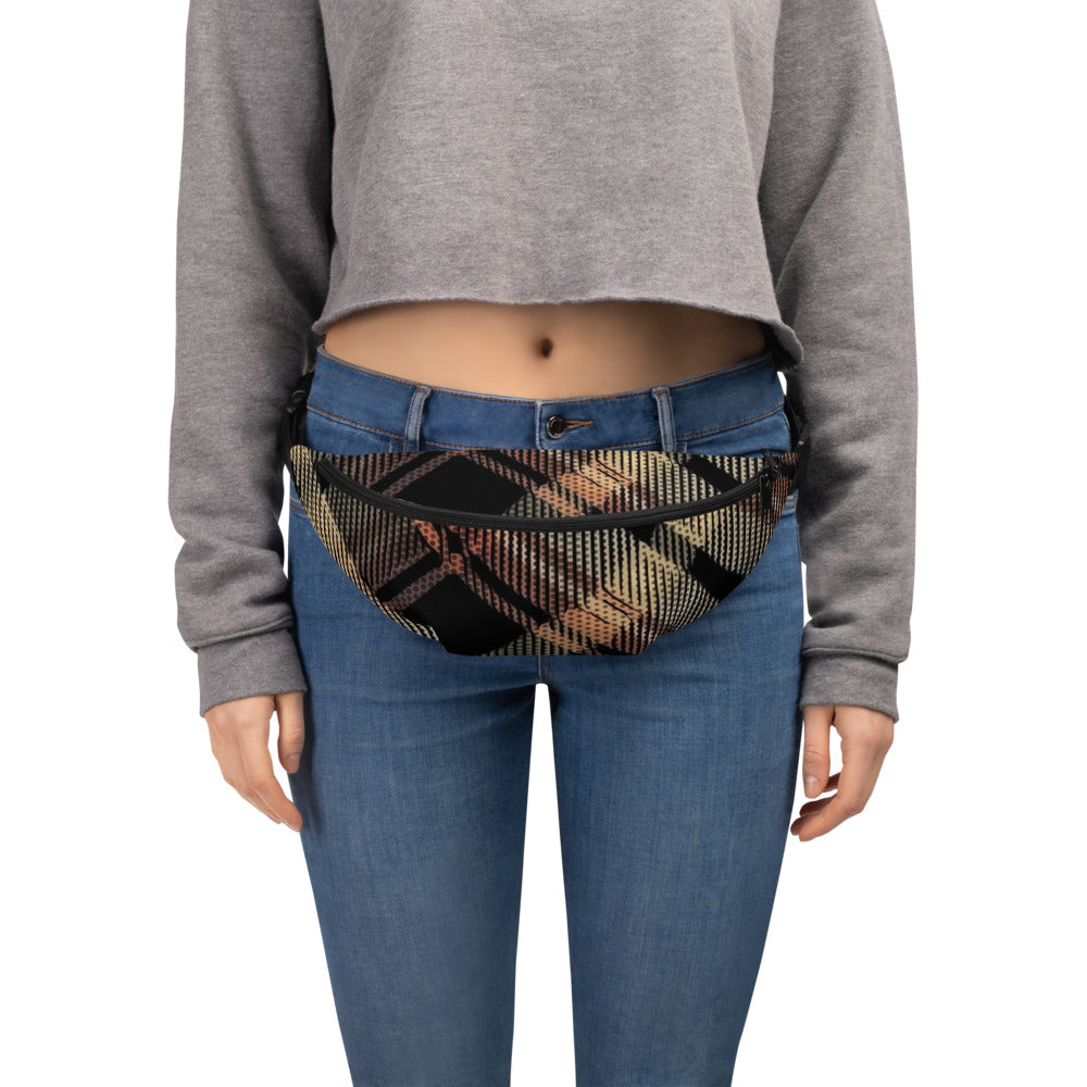 Fanny Pack 100% Water Resistant Canvas with Deconstructed Tartan Plaid Check Print in Brown Black