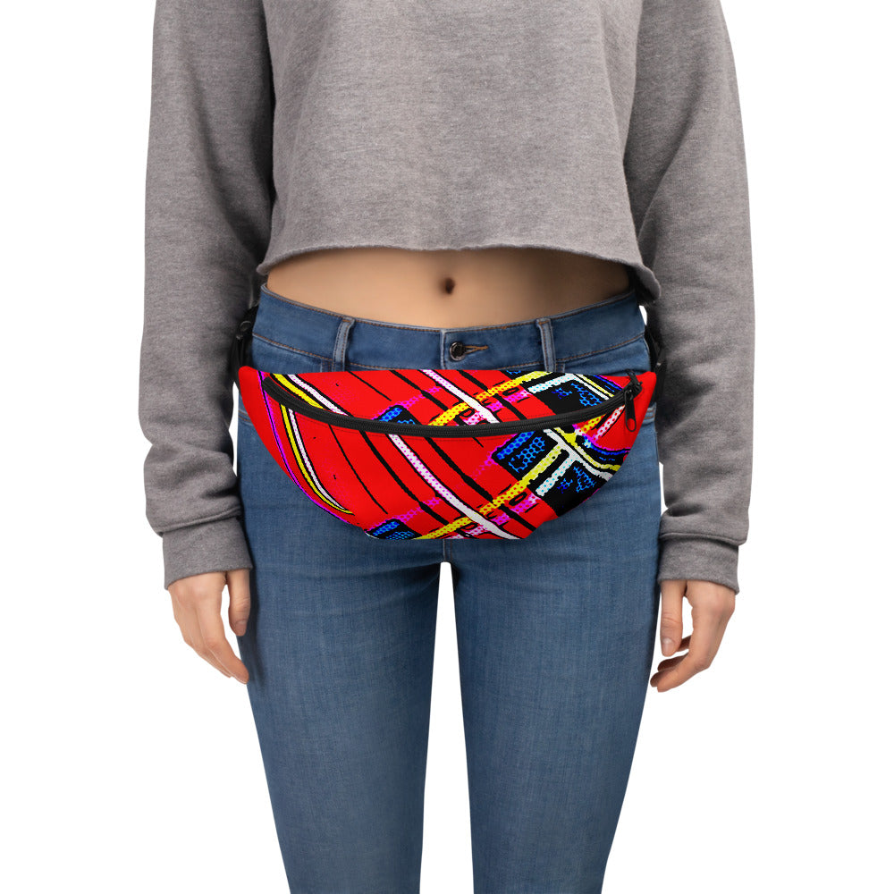 Fanny Pack 100% Water Resistant Canvas with Deconstructed Tartan Plaid Check Print in Red