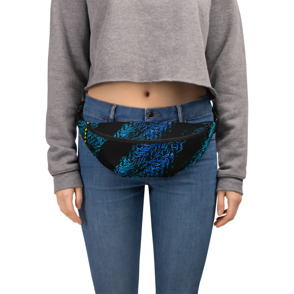 Fanny Pack 100% Water Resistant Canvas with Deconstructed Tartan Plaid Check Print in Blue Green