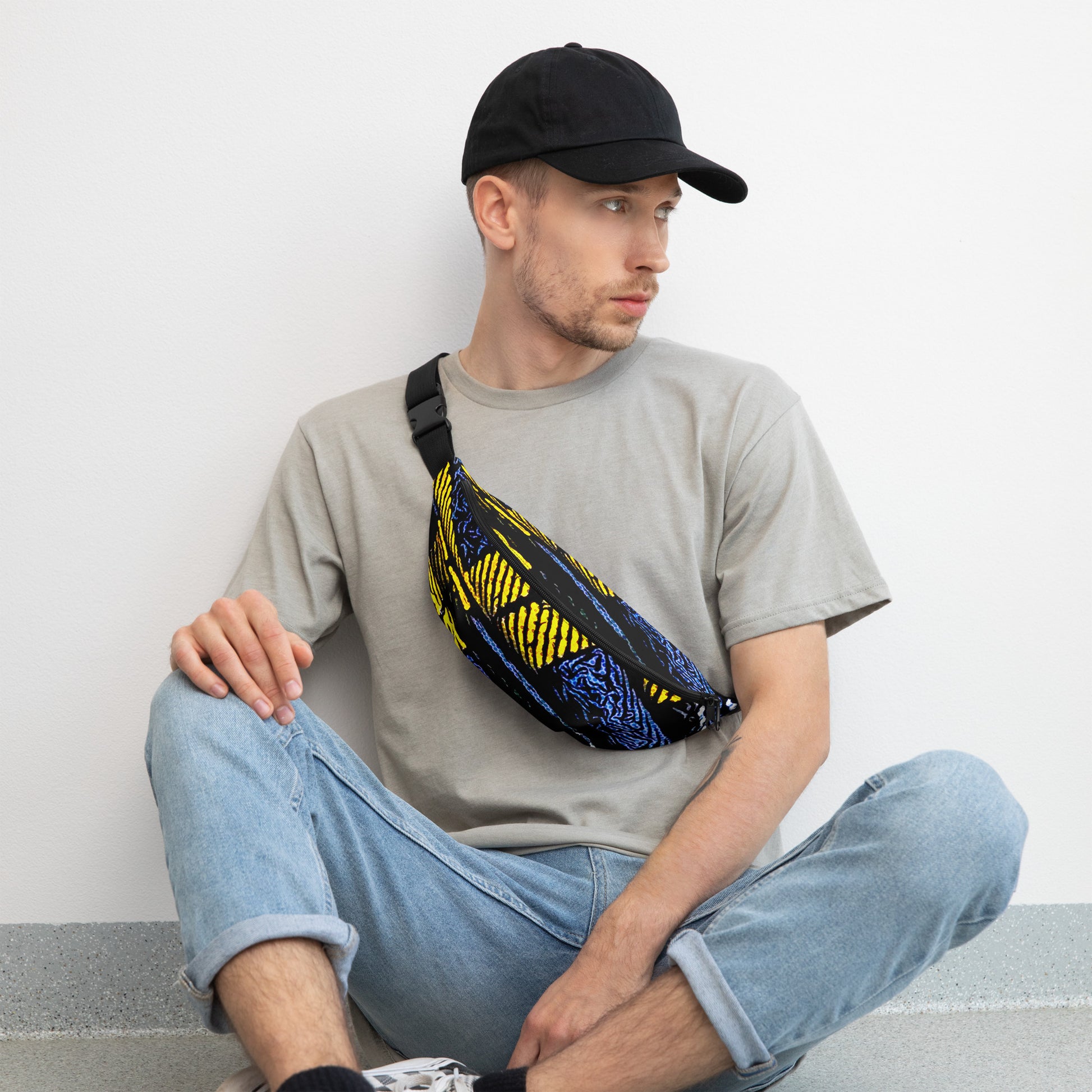 Fanny Pack 100% Water Resistant Canvas with Deconstructed Tartan Plaid Check Print in Blue Yellow