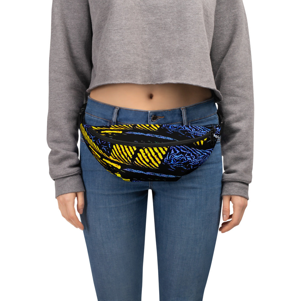 Fanny Pack 100% Water Resistant Canvas with Deconstructed Tartan Plaid Check Print in Blue Yellow