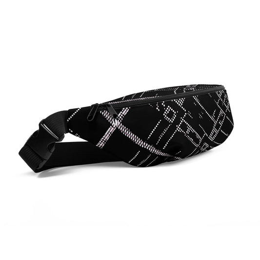 Fanny Pack 100% Water Resistant Canvas with Deconstructed Tartan Plaid Check Print in Black White