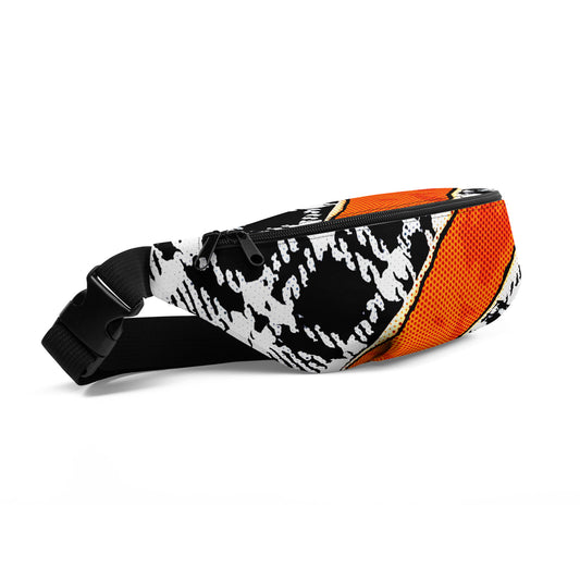 Fanny Pack 100% Water Resistant Canvas with Deconstructed Tartan Plaid Check Print in Black White Orange