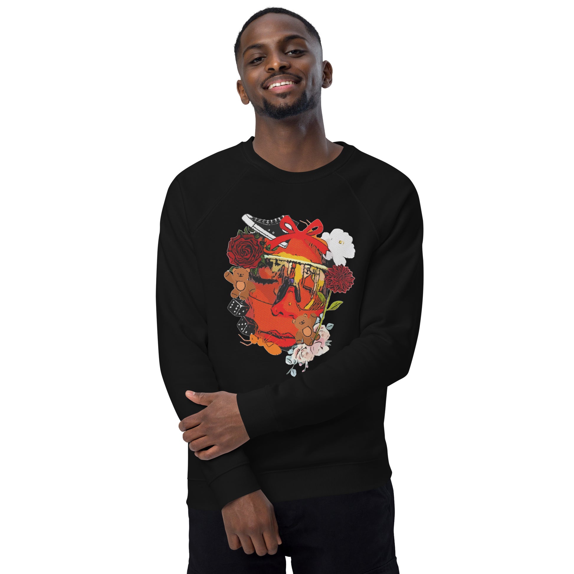 Unisex 100% Organic Cotton Crewneck Raglan Sleeve Sweatshirt with Graphic Deconstructed Artistic Image Print