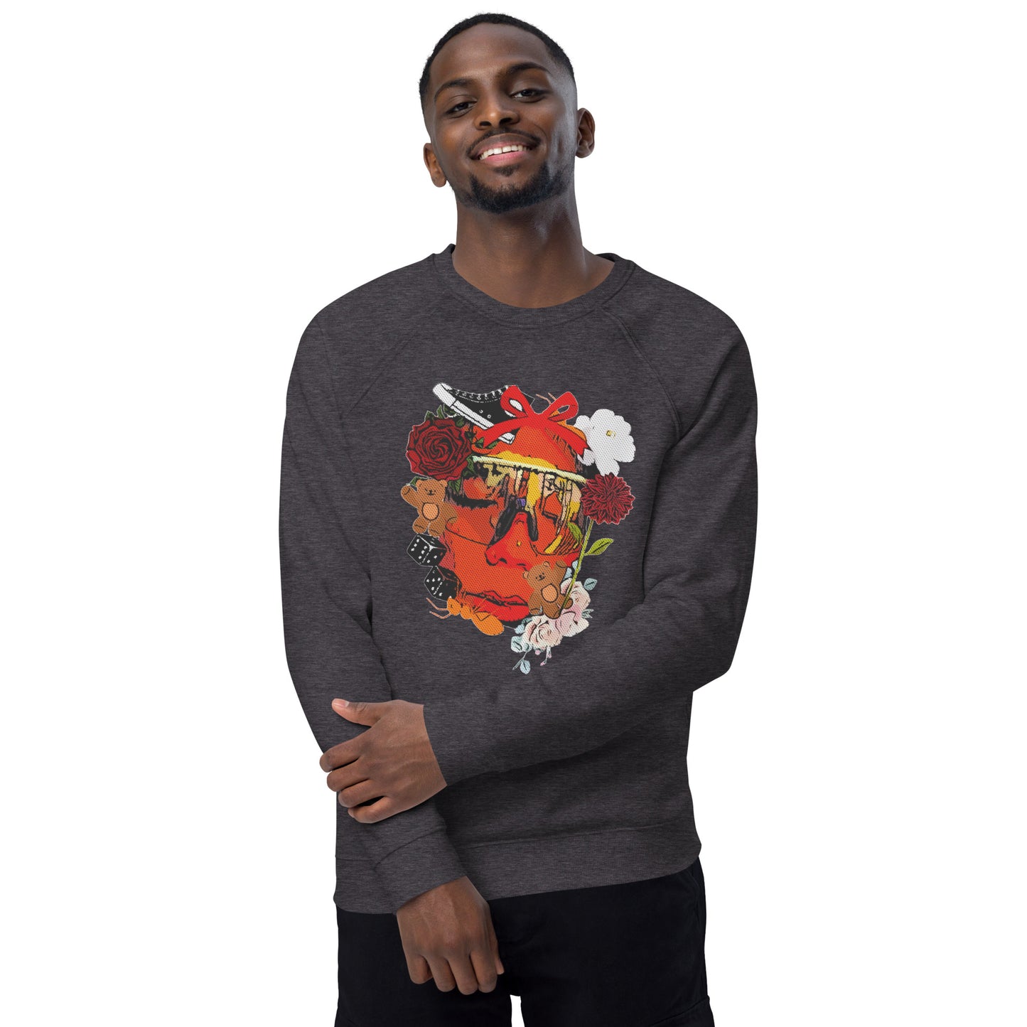 Unisex 100% Organic Cotton Crewneck Raglan Sleeve Sweatshirt with Graphic Deconstructed Artistic Image Print