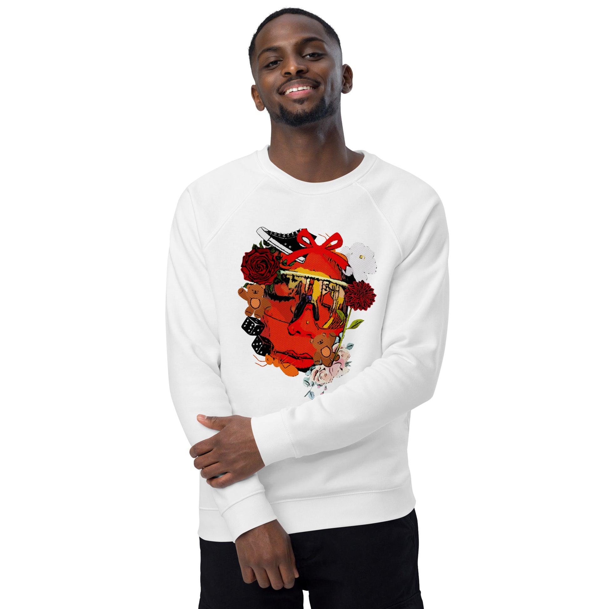 Unisex 100% Organic Cotton Crewneck Raglan Sleeve Sweatshirt with Graphic Deconstructed Artistic Image Print