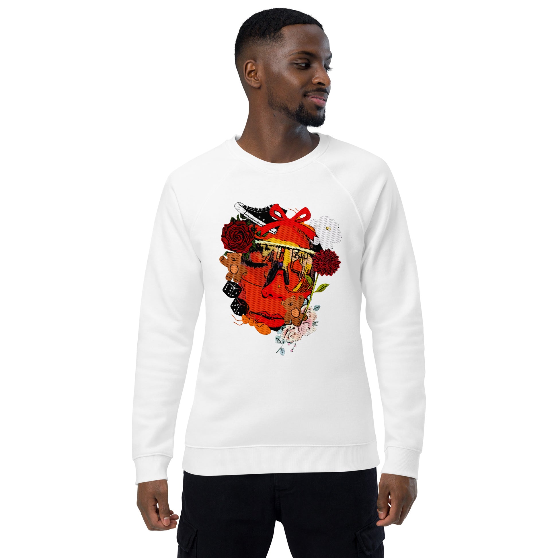 Unisex 100% Organic Cotton Crewneck Raglan Sleeve Sweatshirt with Graphic Deconstructed Artistic Image Print