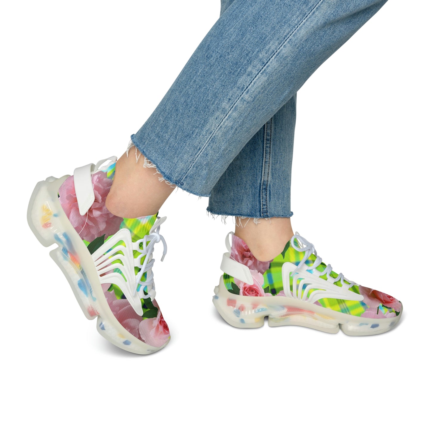 Women's Mesh Sneakers with Graphic Plaid and Roses Print in Lime Green Pink and Customisable Black Or White EVA Sole