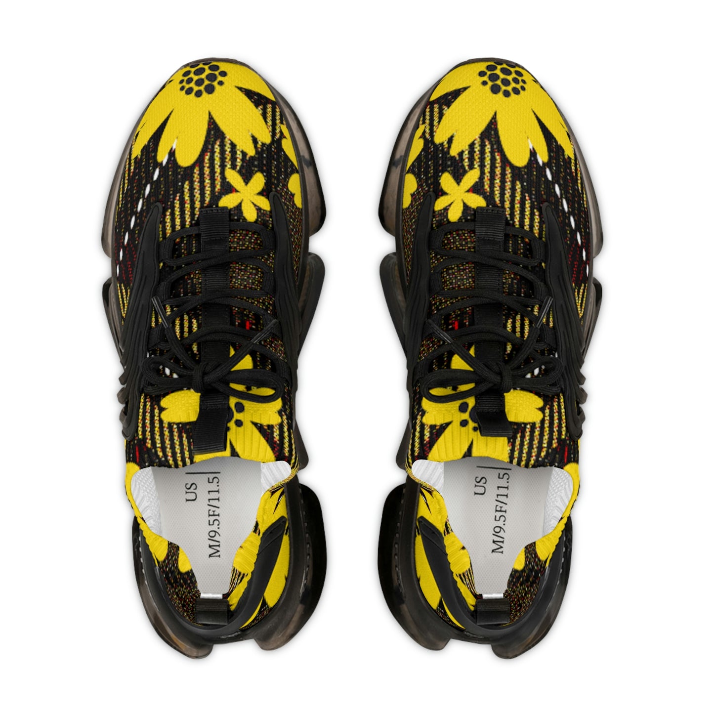 Men's Mesh Sneakers with Bold Graphic Plaid Print in Brown with Yellow Daisies