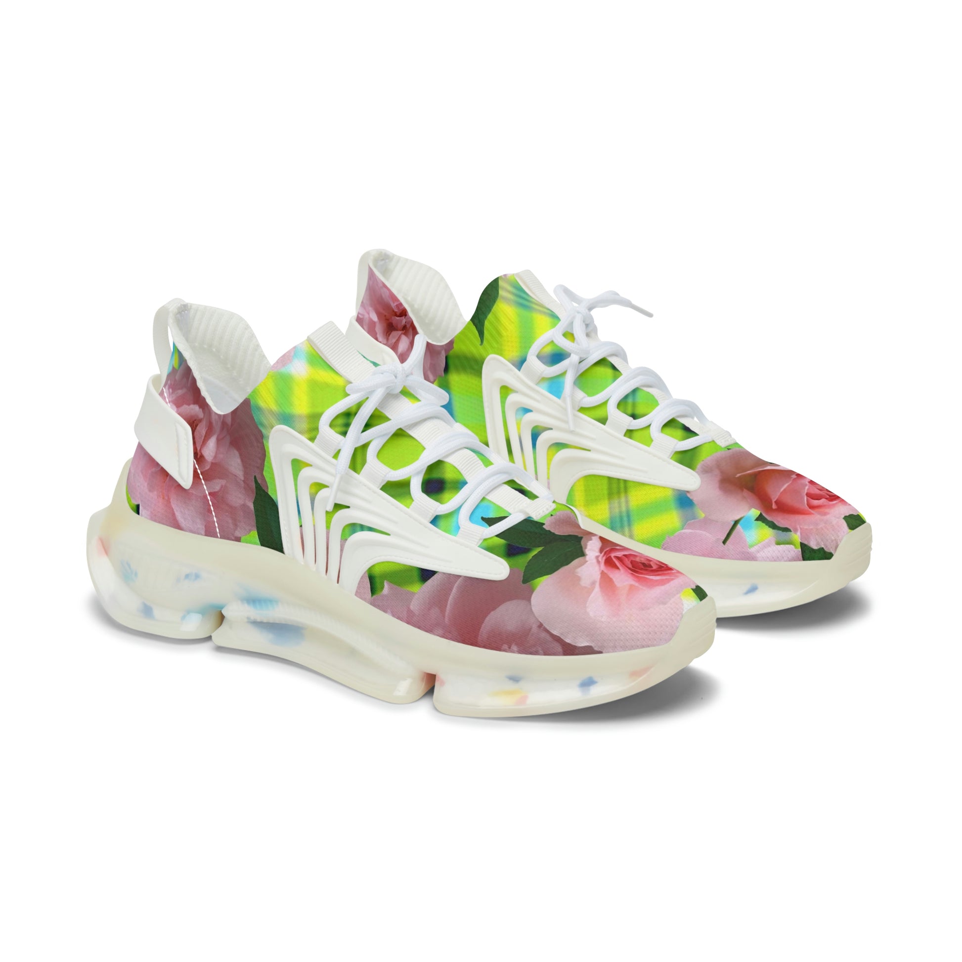 Women's Mesh Sneakers with Graphic Plaid and Roses Print in Lime Green Pink and Customisable Black Or White EVA Sole