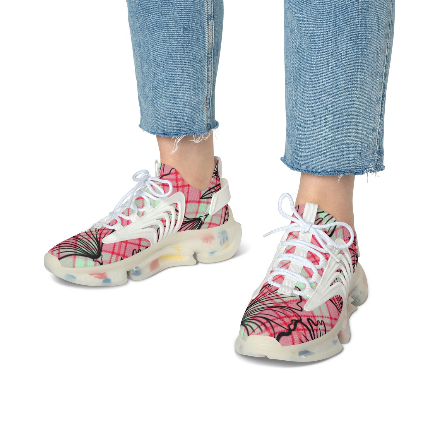 Women's Mesh Sneakers with Graphic Plaid and Floral Print in Pink Black with Customisable Black Or White EVA Sole