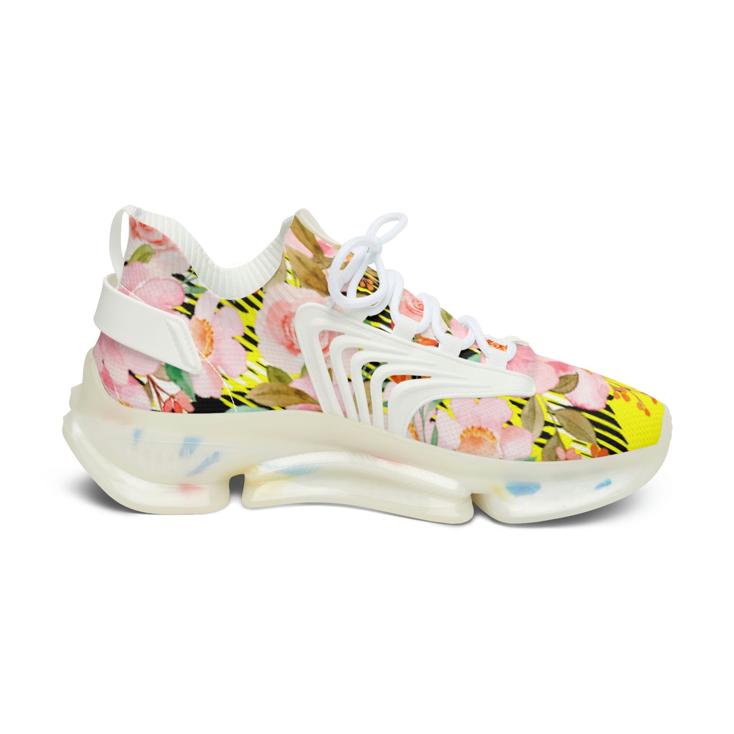 Women's Mesh Sneakers with Bold Graphic Plaid Print in Yellow and Pink Flowers