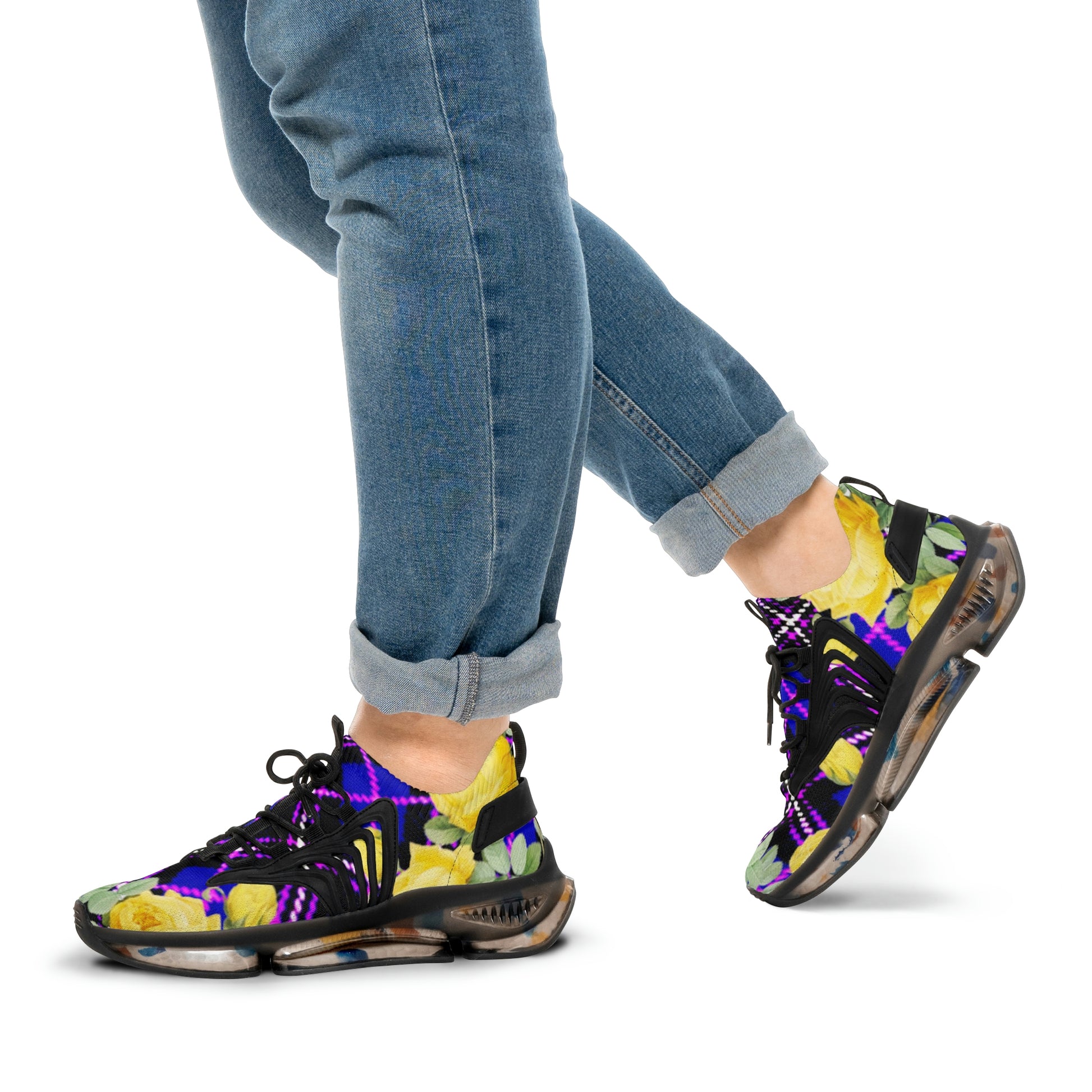 Men's Mesh Sneakers with Graphic Plaid and Roses Print in Purple Black Yellow