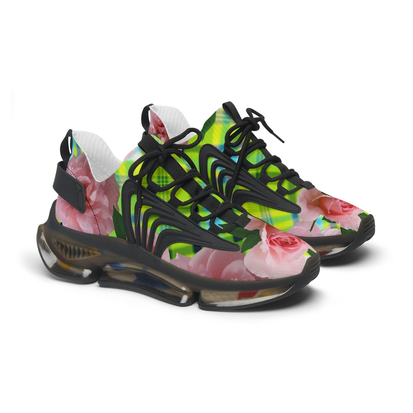 Women's Mesh Sneakers with Graphic Plaid and Roses Print in Lime Green Pink and Customisable Black Or White EVA Sole