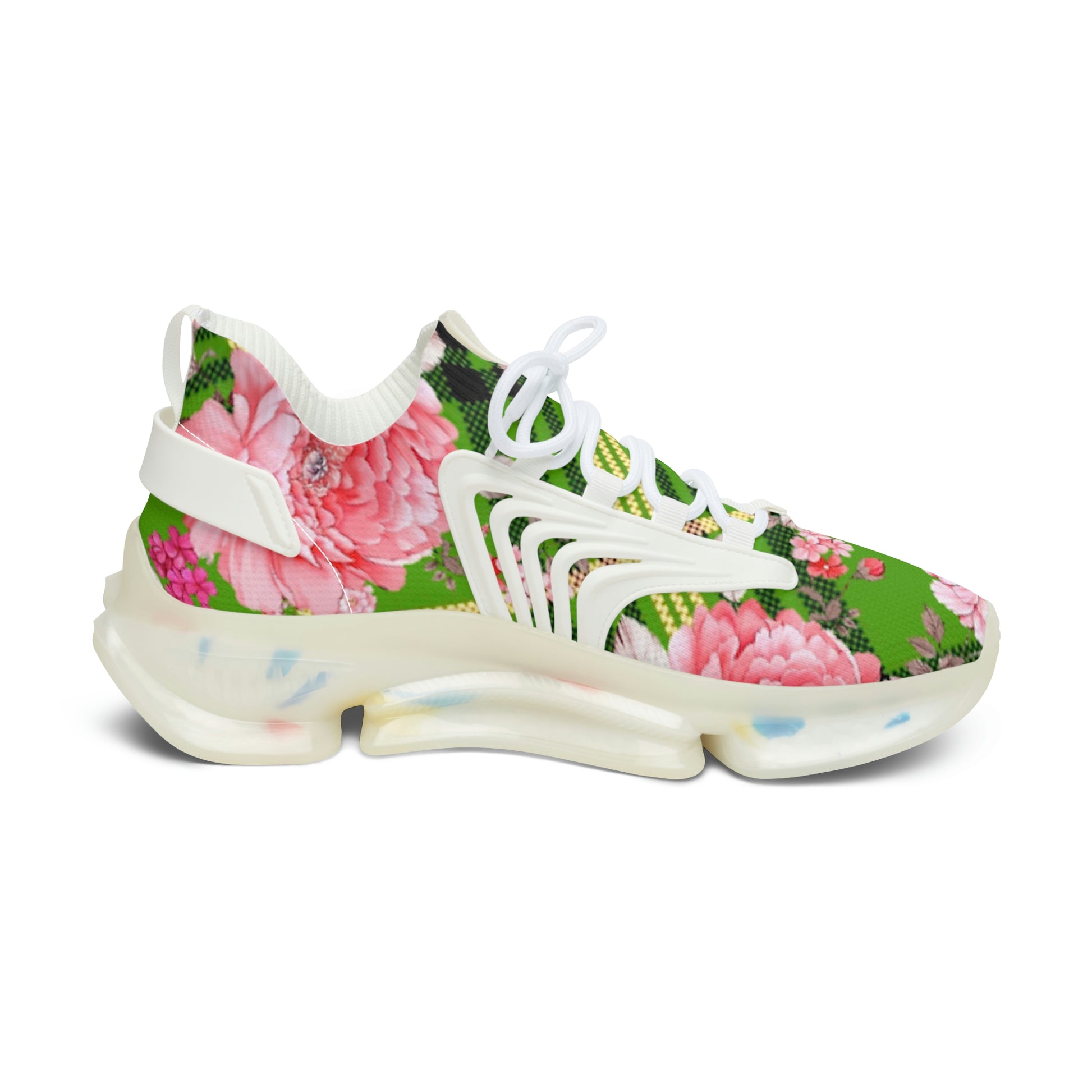 Women's Mesh Sneakers with Graphic Plaid and Roses in Pink Green