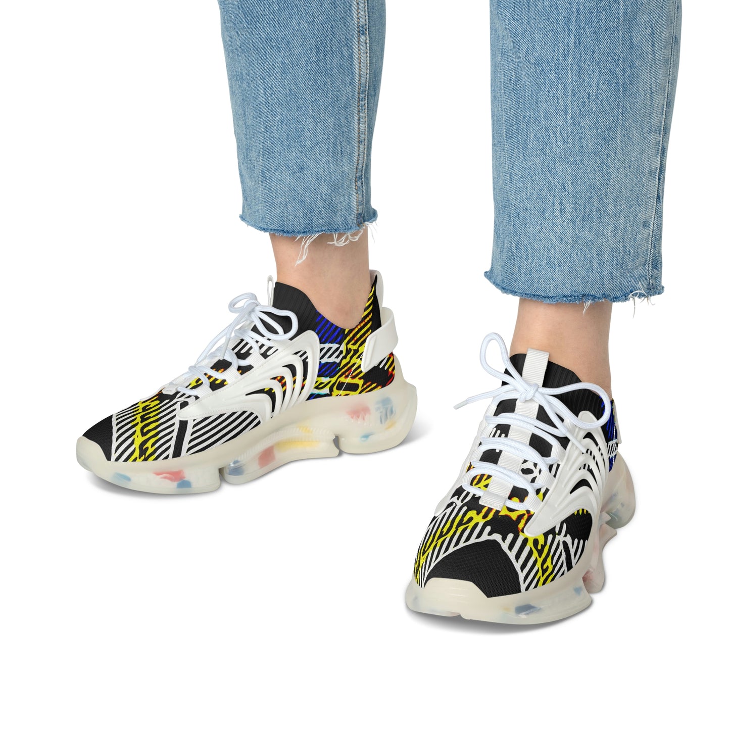 fashion women mesh breathable trainers shoes with bold graphic pattern print in black white yellow, Women’s Athletic Shoes in Graphic Print Colors ,  colorful printed shoes women sneakers trendy,