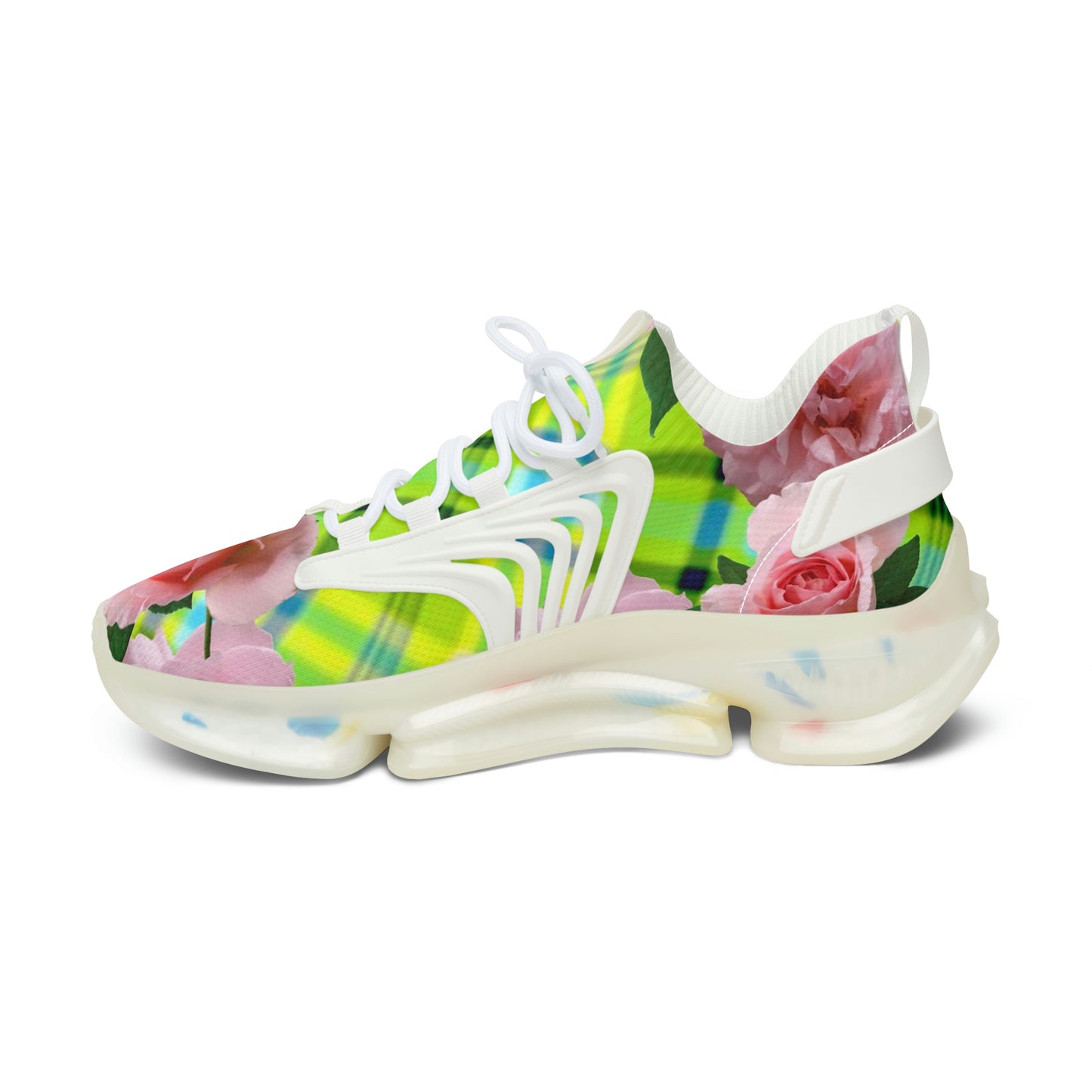 Women's Mesh Sneakers with Graphic Plaid and Roses Print in Lime Green Pink and Customisable Black Or White EVA Sole