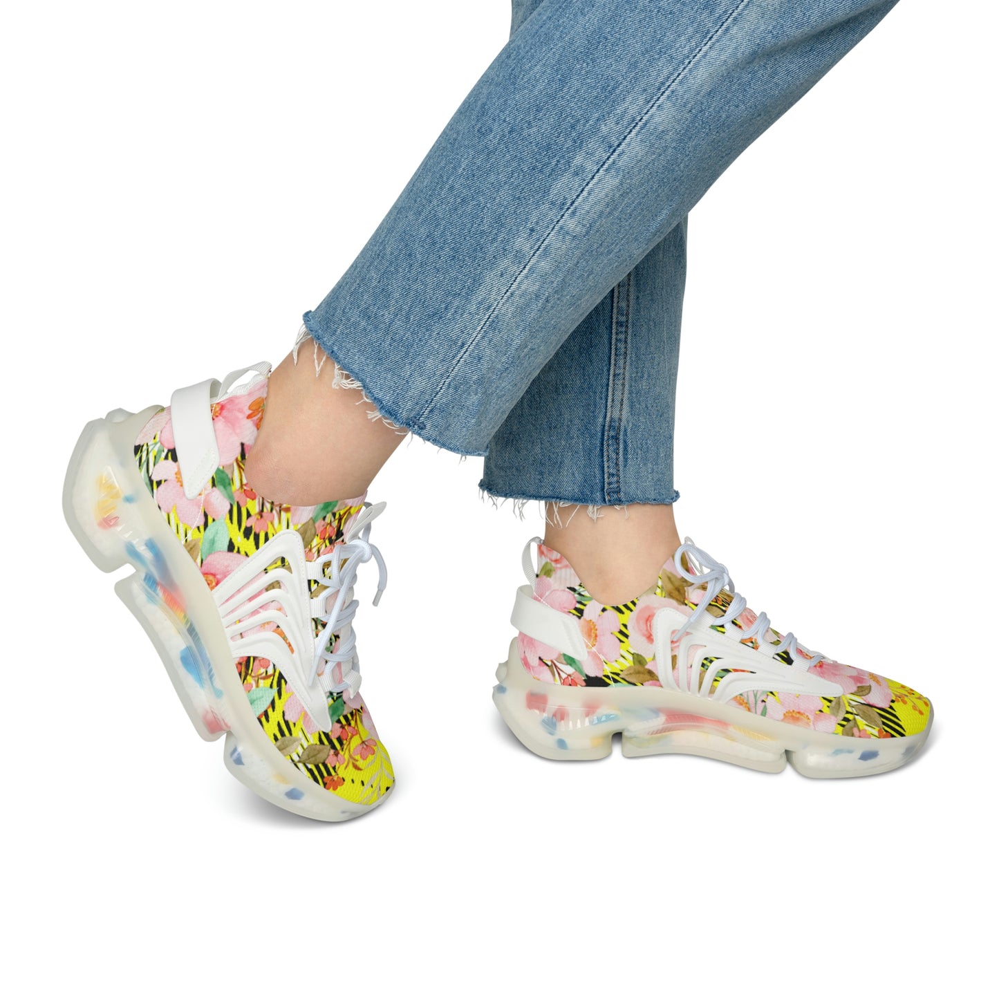 Women's Mesh Sneakers with Bold Graphic Plaid Print in Yellow and Pink Flowers