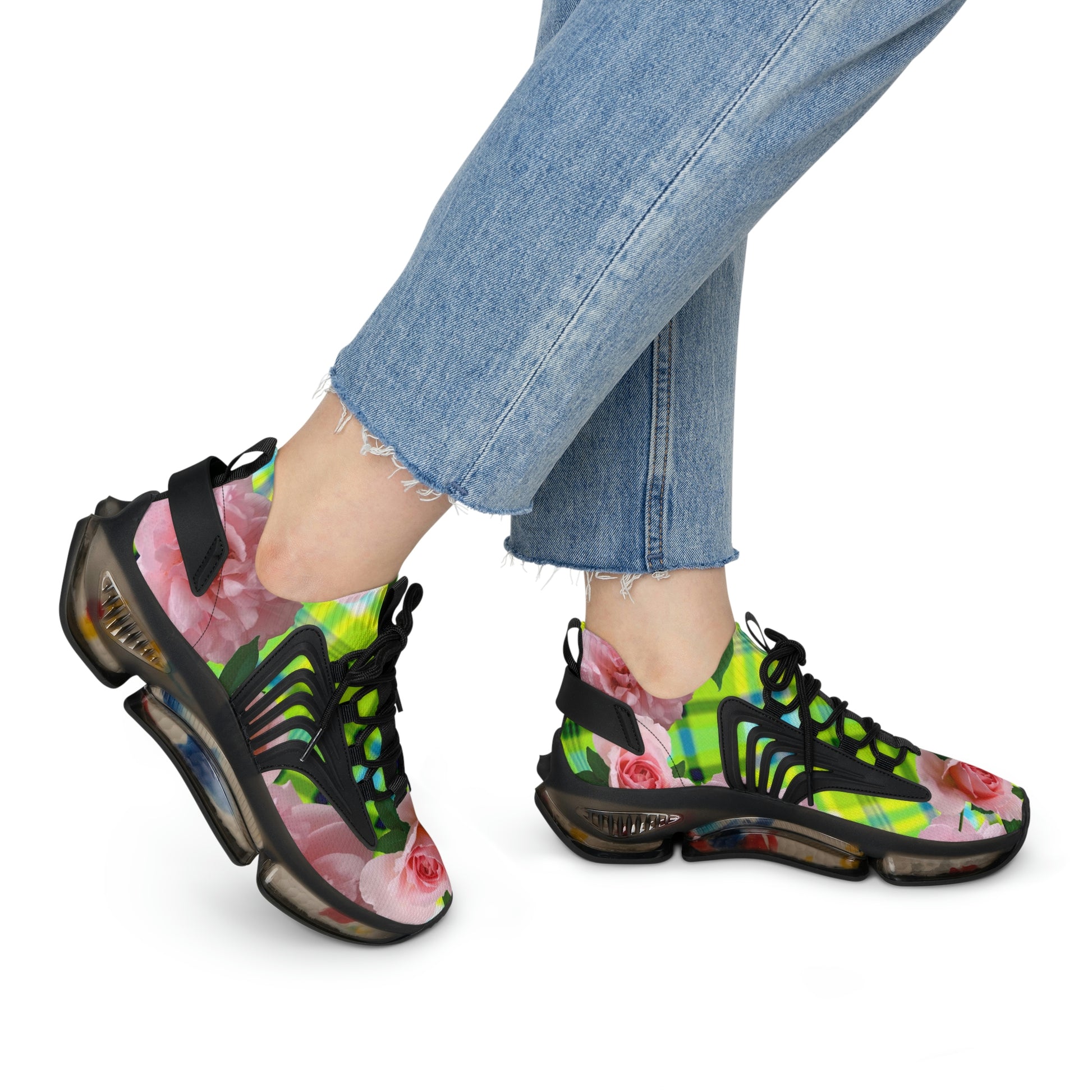 Women's Mesh Sneakers with Graphic Plaid and Roses Print in Lime Green Pink and Customisable Black Or White EVA Sole