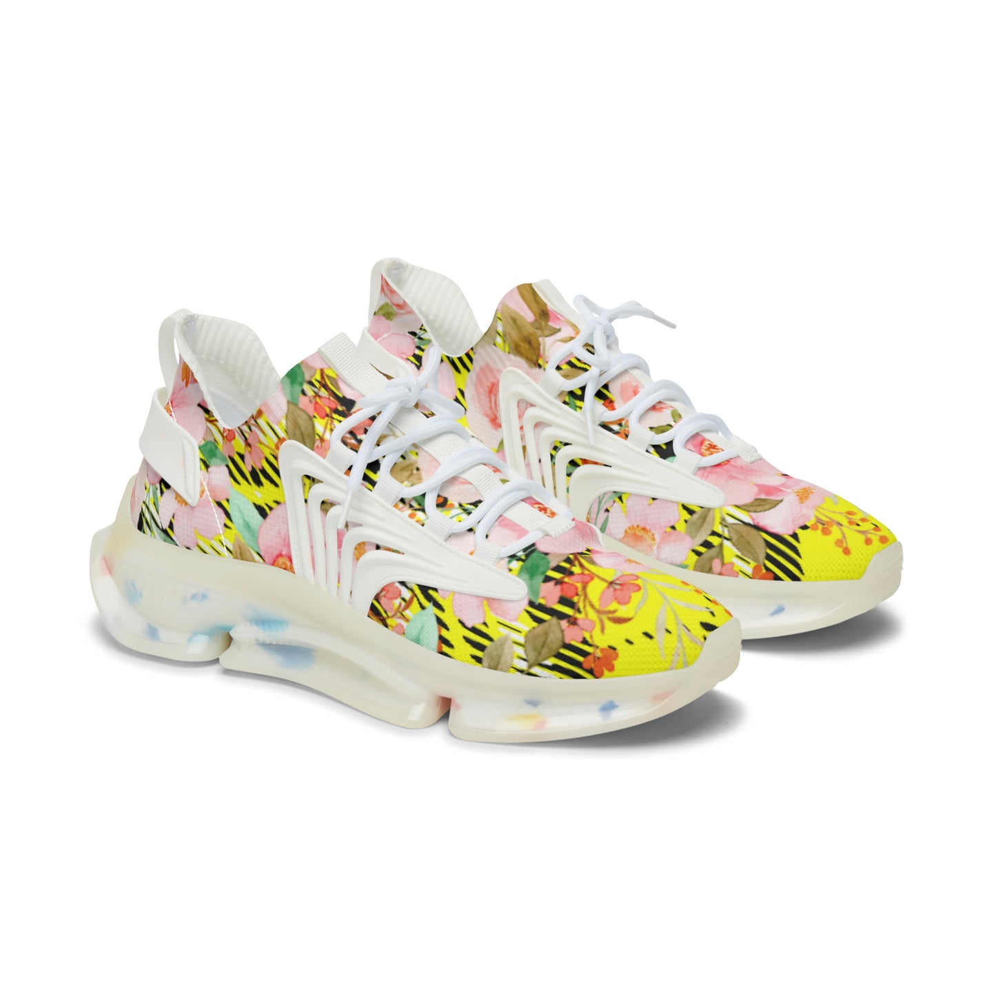 Women's Mesh Sneakers with Bold Graphic Plaid Print in Yellow and Pink Flowers