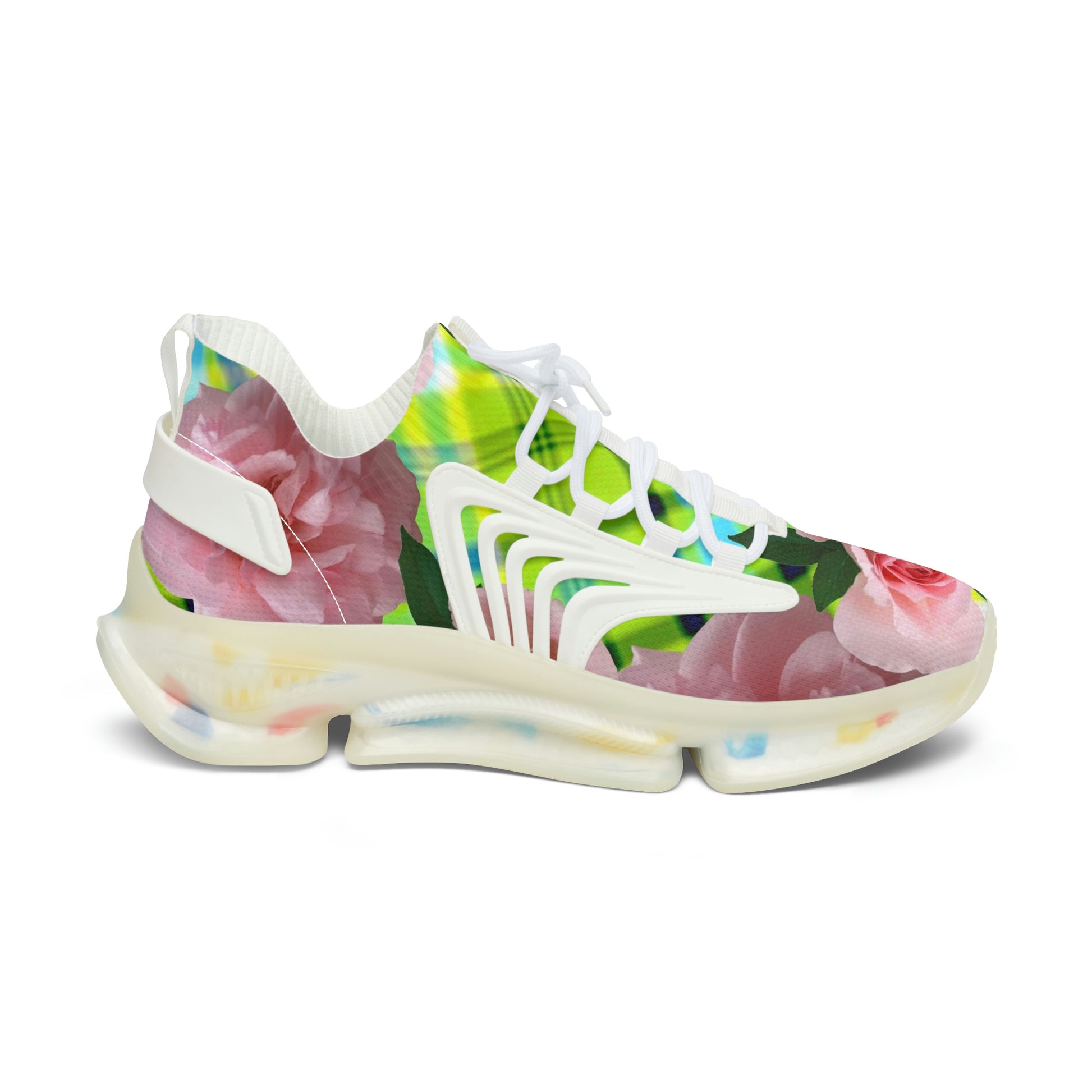 Women's Mesh Sneakers with Graphic Plaid and Roses Print in Lime Green Pink and Customisable Black Or White EVA Sole