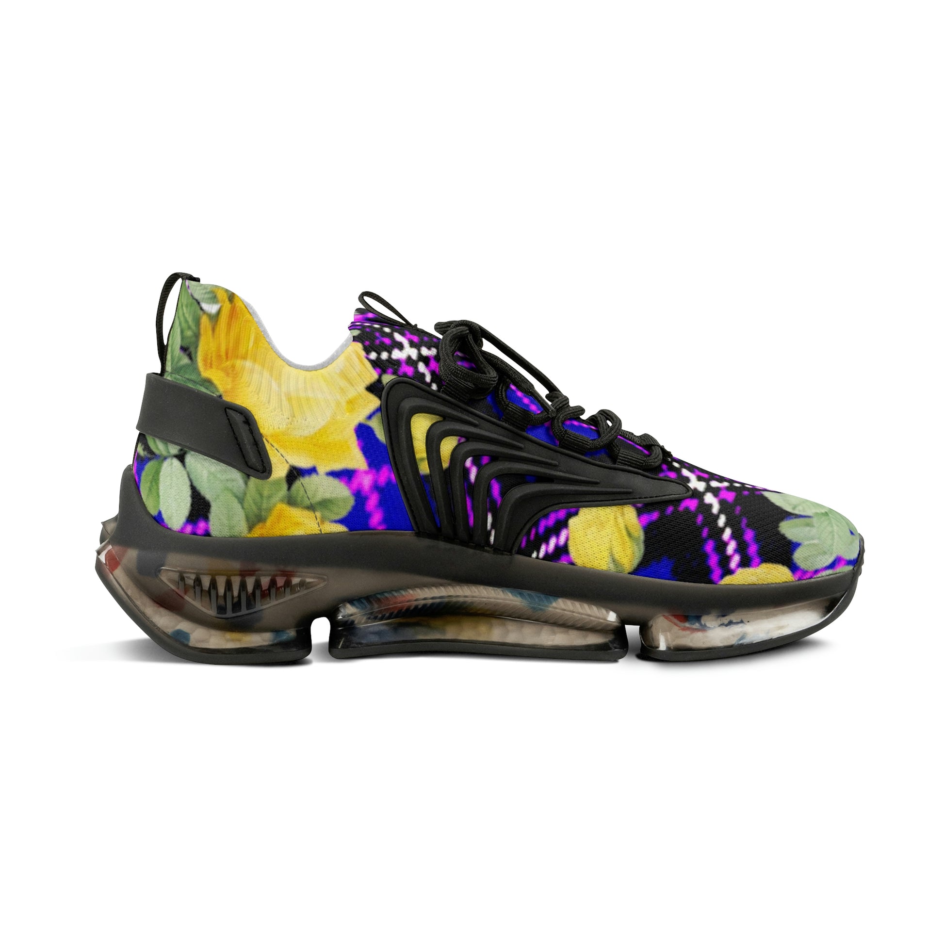 Men's Mesh Sneakers with Graphic Plaid and Roses Print in Purple Black Yellow