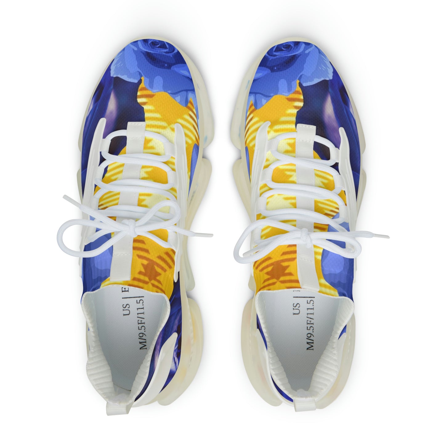 Men's Mesh Sneakers with Graphic Plaid and Roses Print in Lime Yellow Blue and Customisable Black Or White EVA Sole