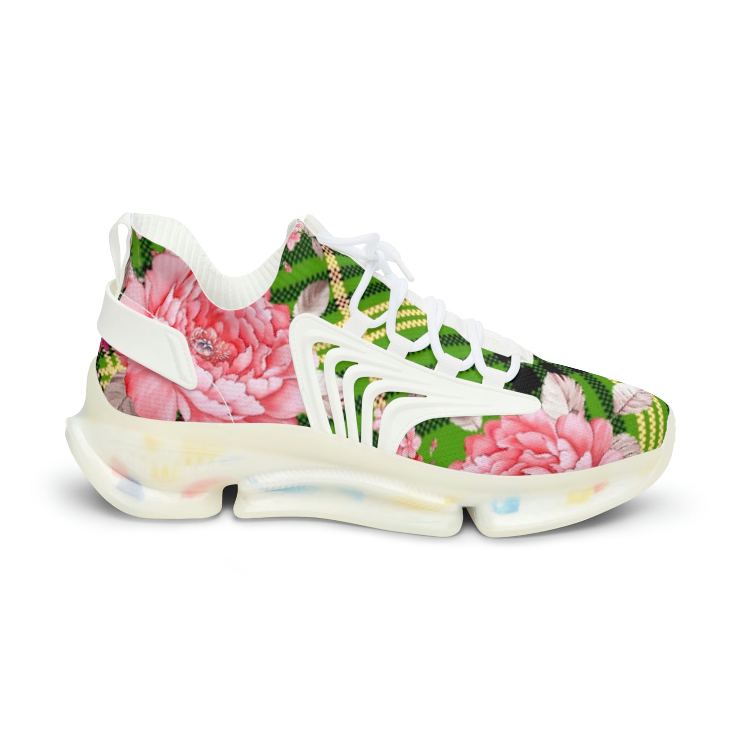 Men's Mesh Sneakers with Graphic Plaid and Roses in Pink Green