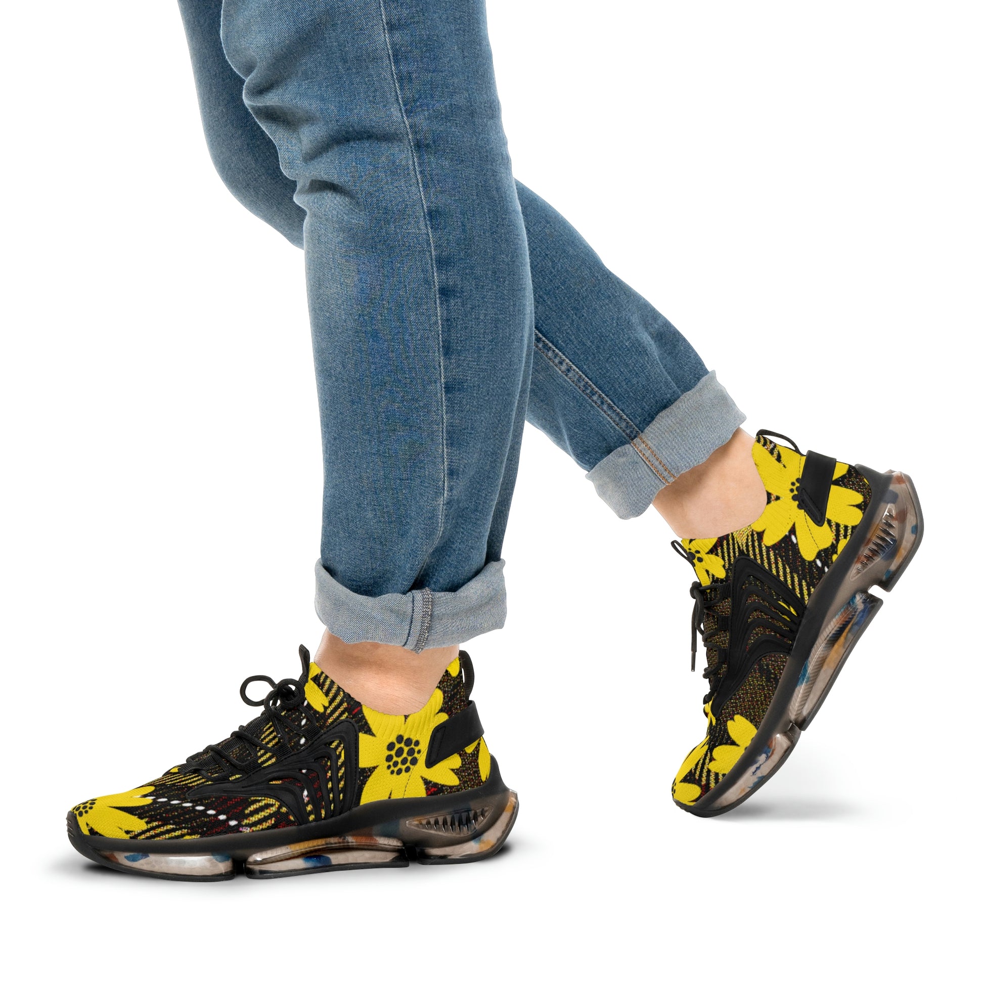 Men's Mesh Sneakers with Bold Graphic Plaid Print in Brown with Yellow Daisies