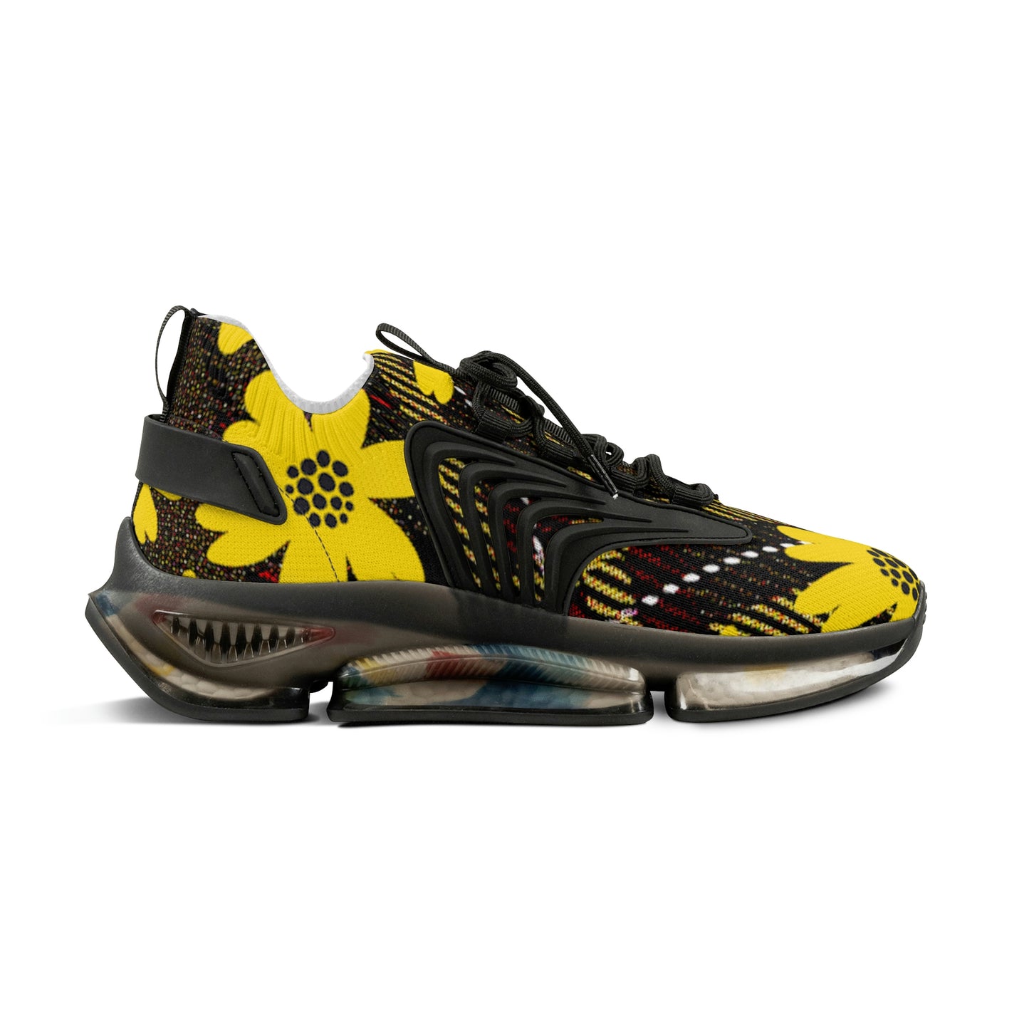 Men's Mesh Sneakers with Bold Graphic Plaid Print in Brown with Yellow Daisies