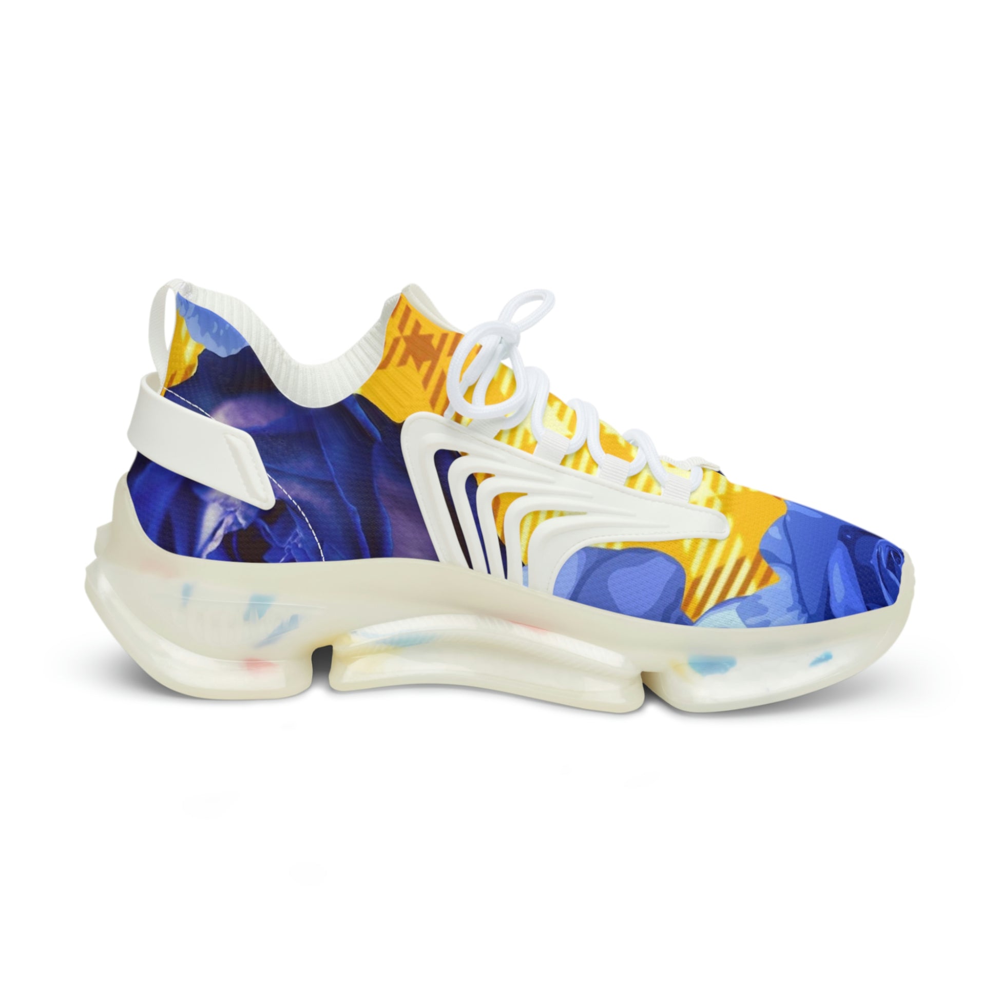 Men's Mesh Sneakers with Graphic Plaid and Roses Print in Lime Yellow Blue and Customisable Black Or White EVA Sole