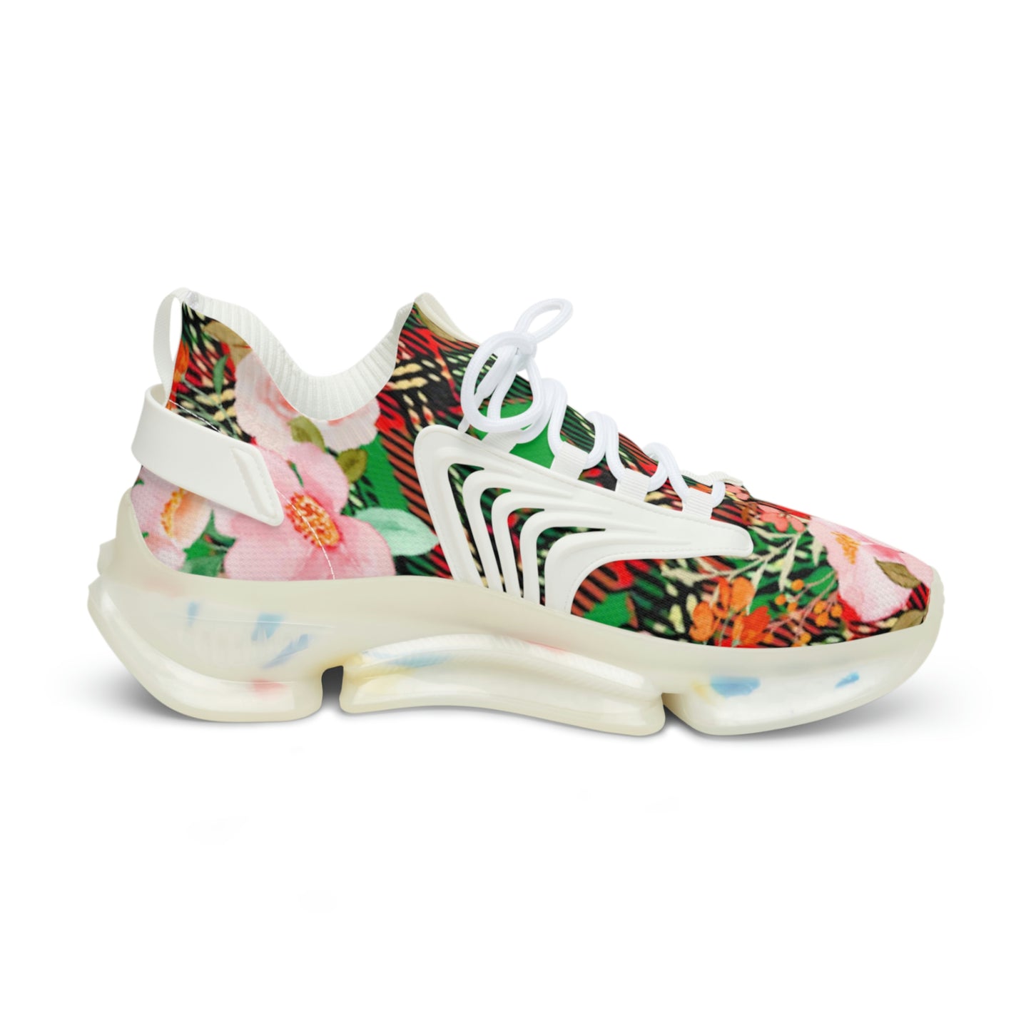 Men's Mesh Sneakers with Graphic Plaid and Floral Print in Red Green Pink 