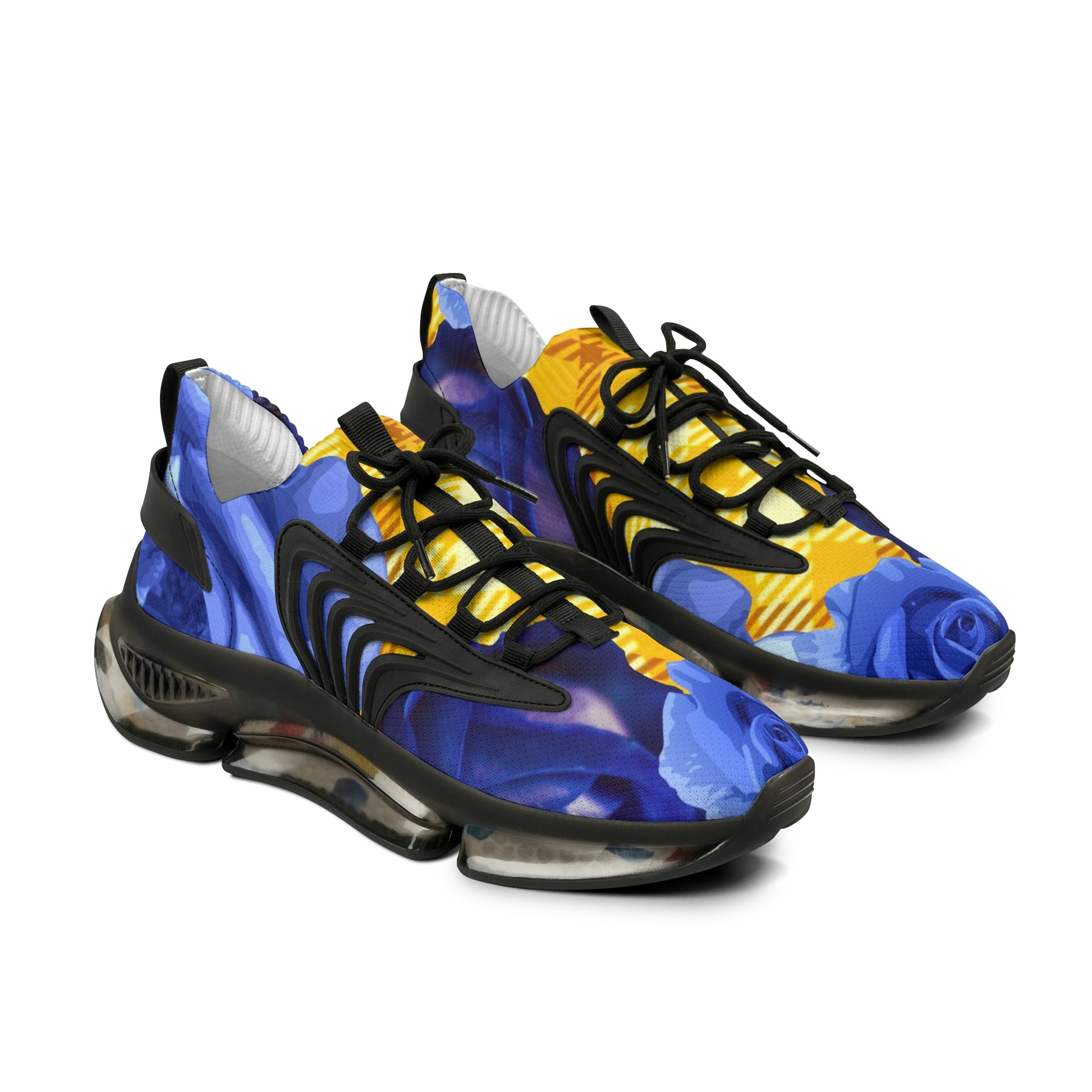 Men's Mesh Sneakers with Graphic Plaid and Roses Print in Lime Yellow Blue and Customisable Black Or White EVA Sole