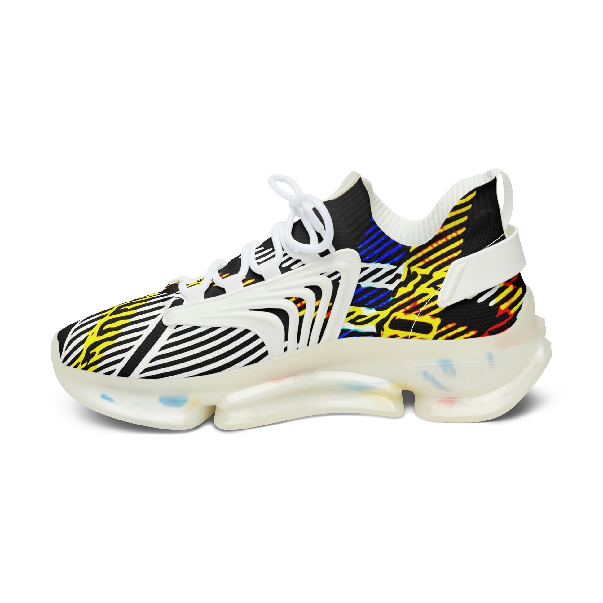 fashion women mesh breathable trainers shoes with bold graphic pattern print in black white yellow, Women’s Athletic Shoes in Graphic Print Colors ,  colorful printed shoes women sneakers trendy,