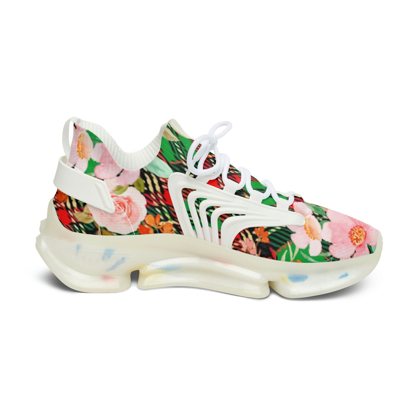 Women's Mesh Sneakers with Graphic Plaid and Roses in Red Green Pink