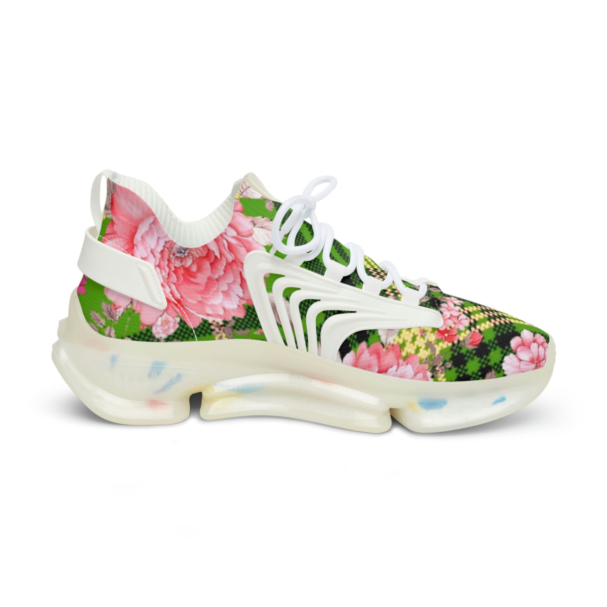 Men's Mesh Sneakers with Graphic Plaid and Roses in Pink Green